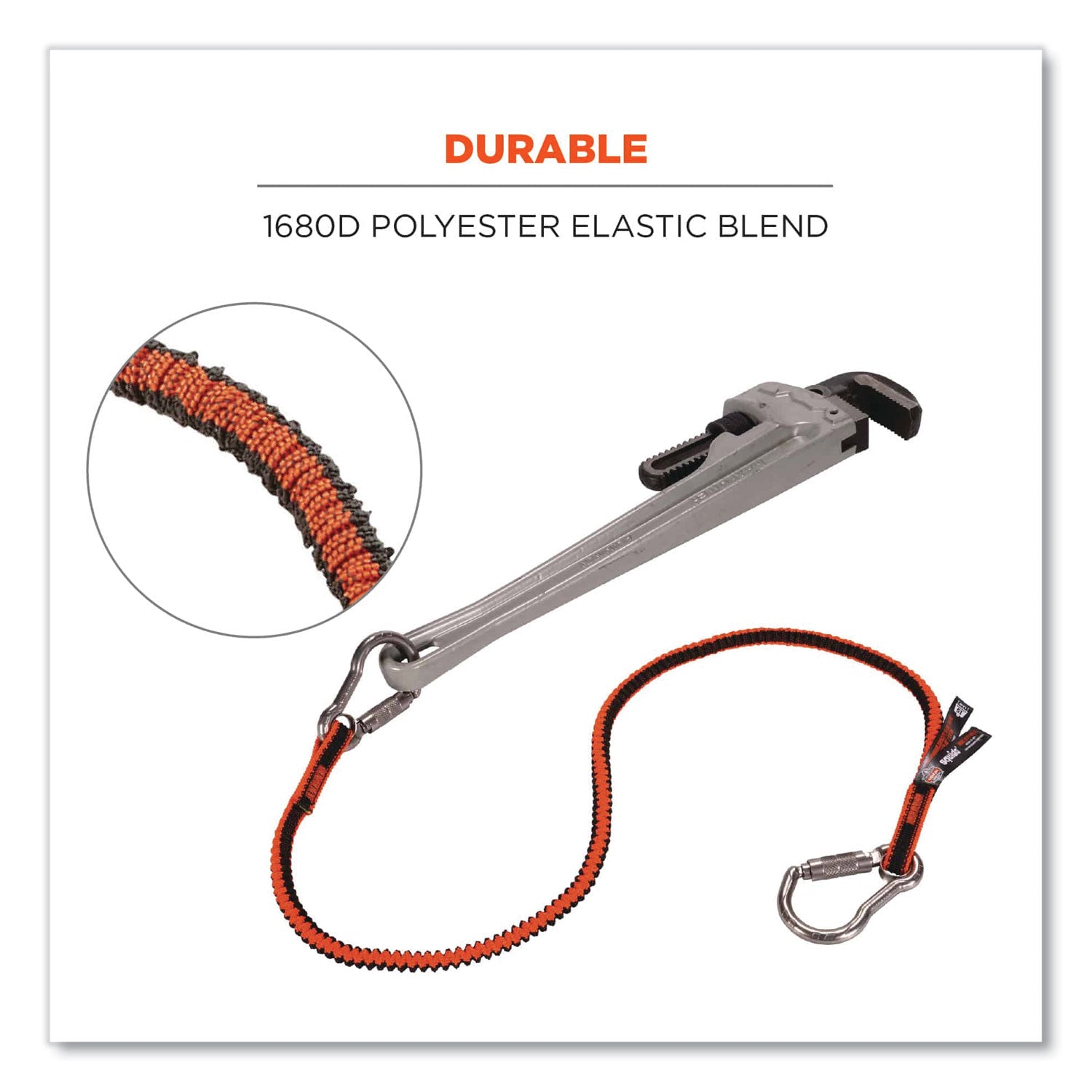 Adjustable - 15 lb Load Capacity - Standard - Carabiner Attachment - 11.3" Height x 1" Width x 4" Length - Orange, Gray - Elastic Webbing, Stainless Steel - 6 / Carton