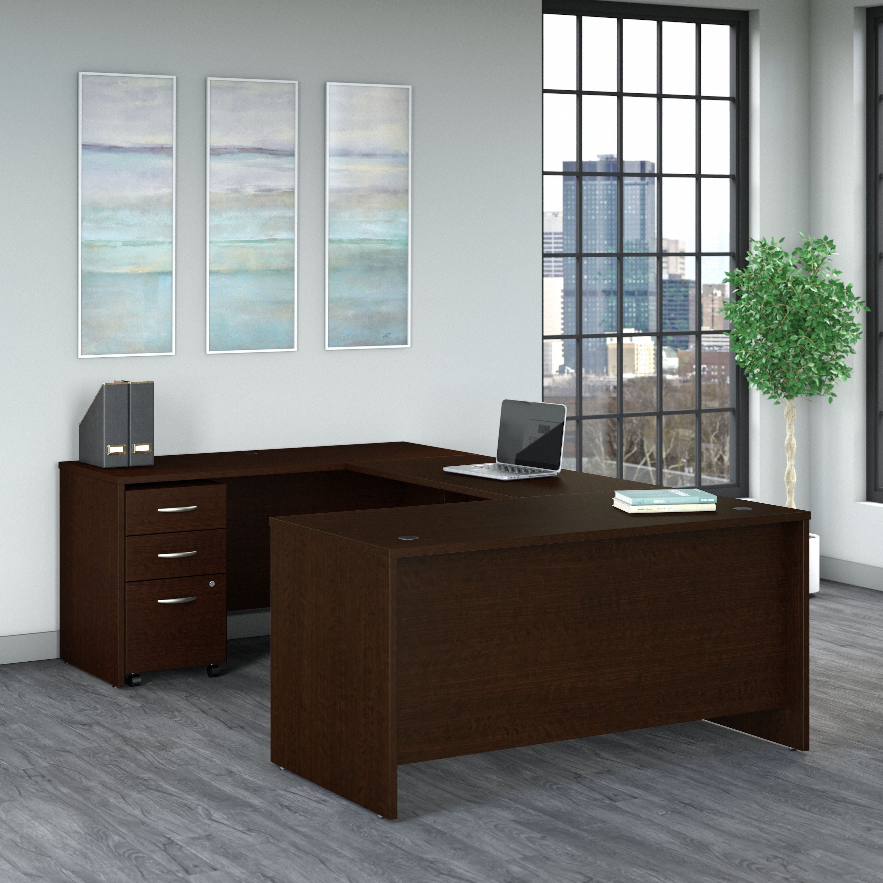 Bush Business Furniture Series C 60W U Shaped Desk with 3 Drawer Mobile File Cabinet in Mocha Cherry - 59.45" Width x 100.4" Depth x 29.84" Height