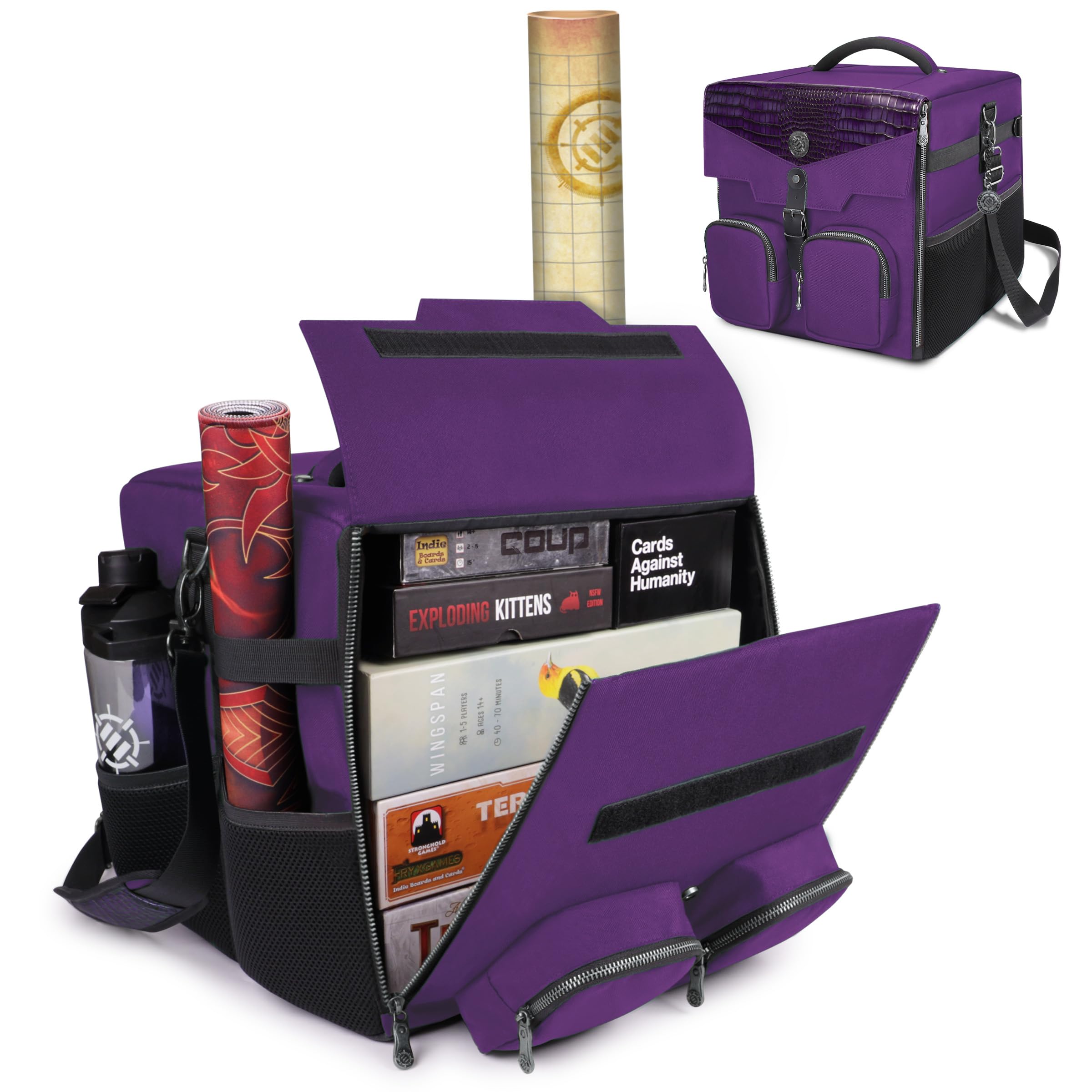 ENHANCE Board Game Shoulder Bag - Collector's Edition Board Game Storage with Shoulder Strap and Accessories Pockets for Dice, Cards, More - Reinforced Carrier Protects Tabletop Games (Dragon Purple)