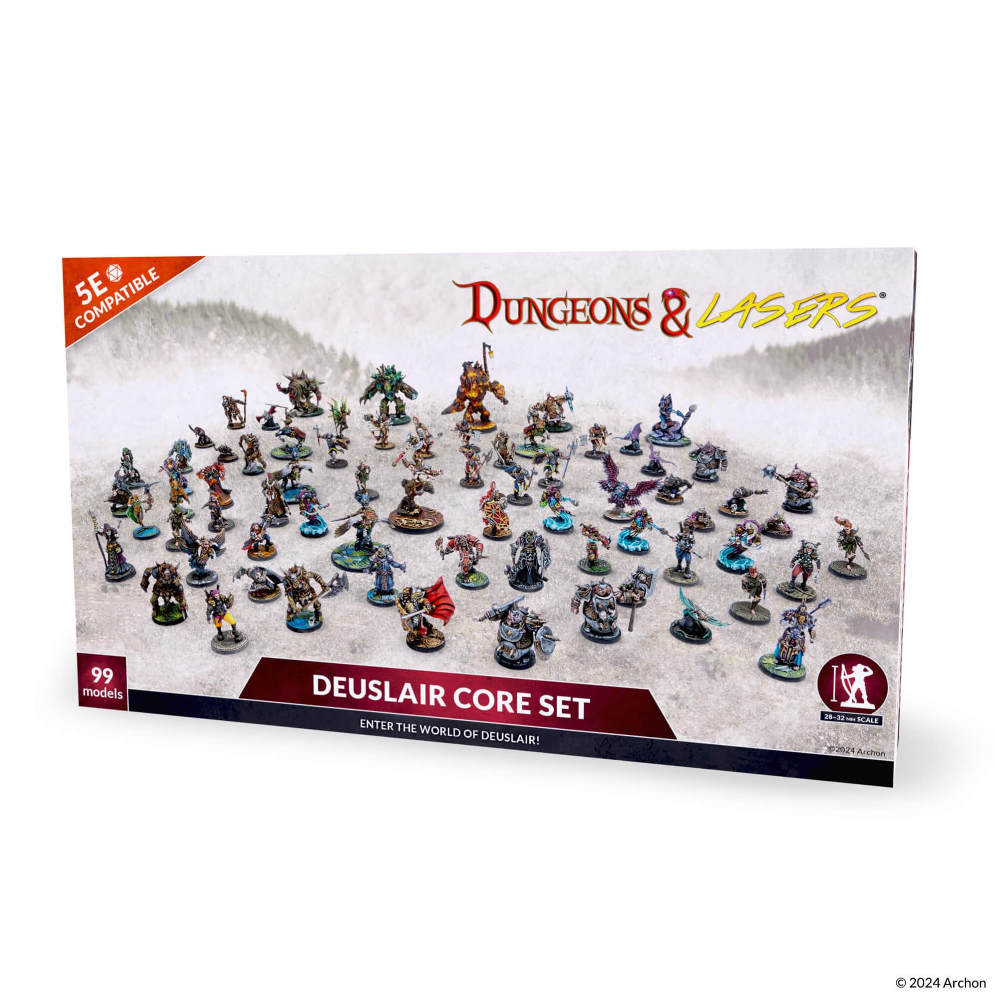 Dungeons & Lasers: Deuslair Core DND Miniatures Set - 99 Models with Scenic Bases - 5E Compatible for use with D&D and Tabletop RPG Games - Unpainted and Unassembled - for Ages 14 Years +