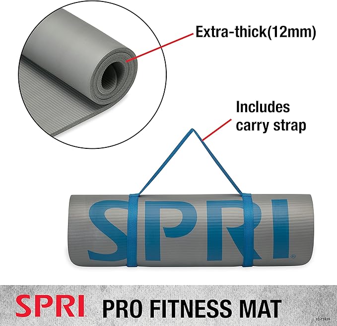 SPRI 12mm Pro Fitness Matt (Grey)- Thick Exercise Mat for Floor Workouts, Sit-Ups, Push-Ups, Stretching, Toning, and General Fitness - Non-Slip Texture, Cushioned, Portable Rolling Mat with Carrying Strap