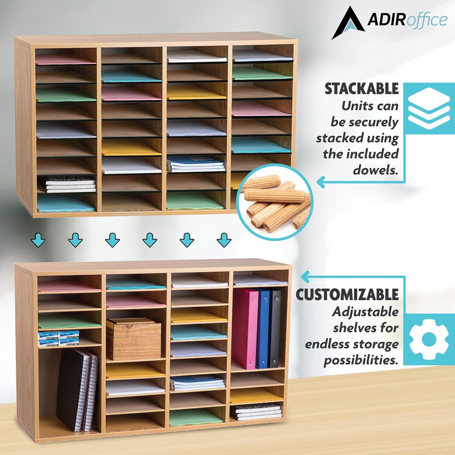 Wood Adjustable 36 Compartment Literature Organizer, Medium Oak 2 Pack