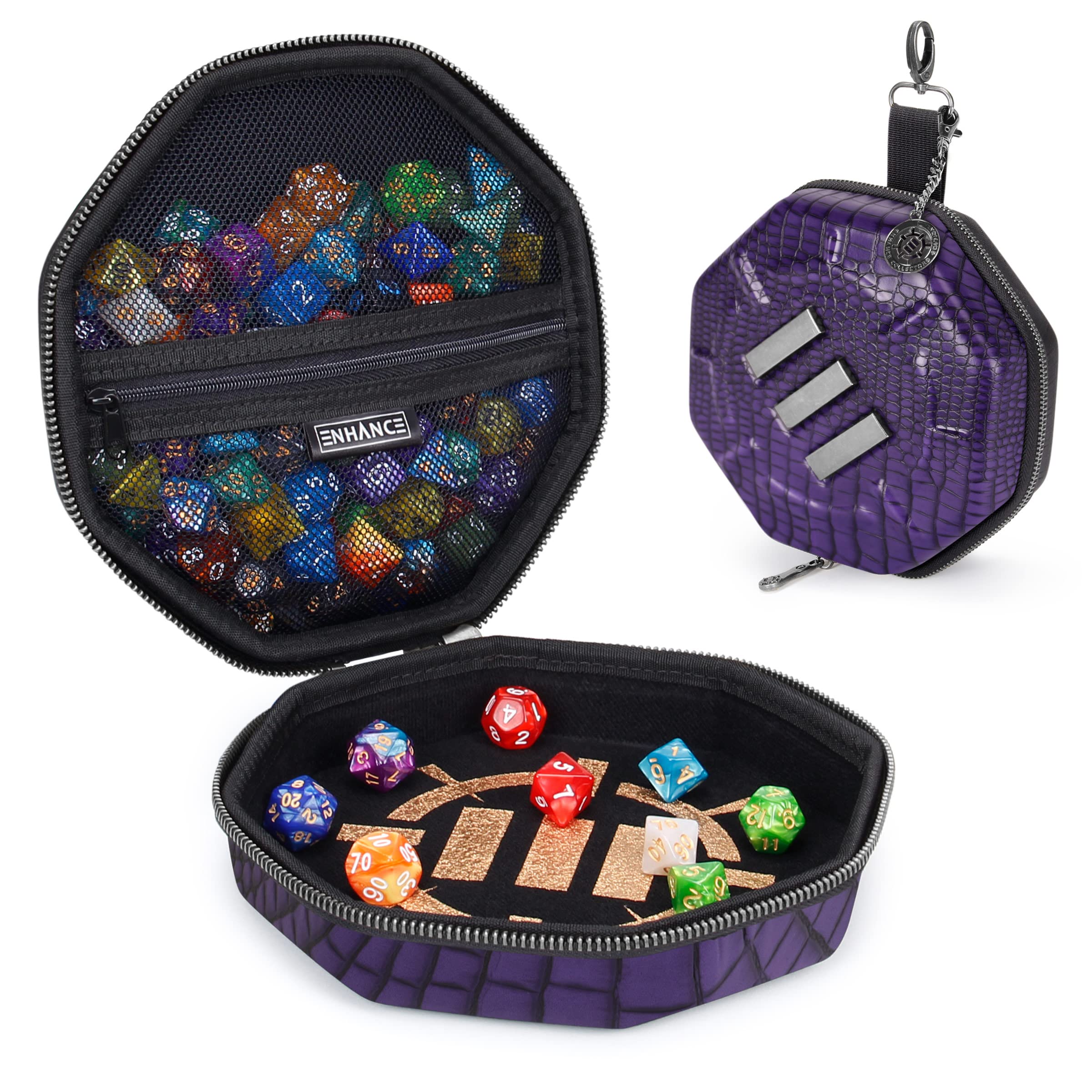 ENHANCE DND Dice Tray and Case - Collector's Edition DND Dice Holder up to 150 D&D Shakers with Hard Shell Exterior and Protective Soft Interior - Rolling Tray Perfect for Game Night (Dragon Purple)