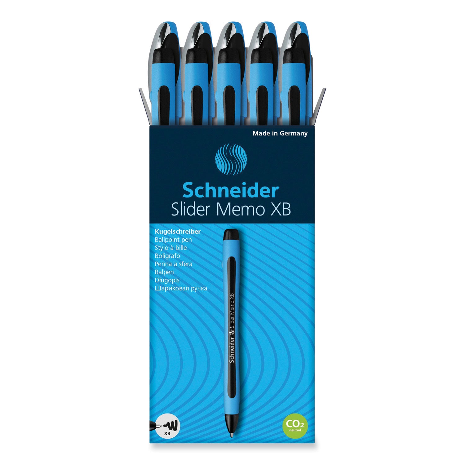 Schneider Slider Memo XB Ballpoint Pen - 1.4 mm Extra Broad Pen Point - Black Ink - Black Rubberized, Light Blue Barrel - Stainless Steel Tip - 10 / Pack