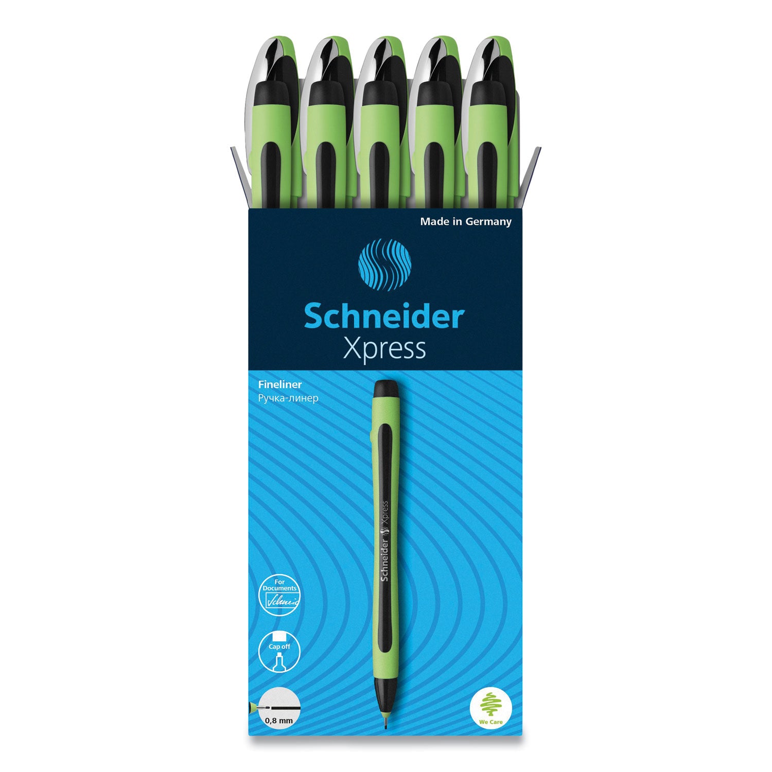 Schneider Xpress Fineliner Pen - 0.8 mm Medium Pen Point - Black Ink - Black Rubberized, Green Barrel - Stainless Steel Tip - 10 / Pack