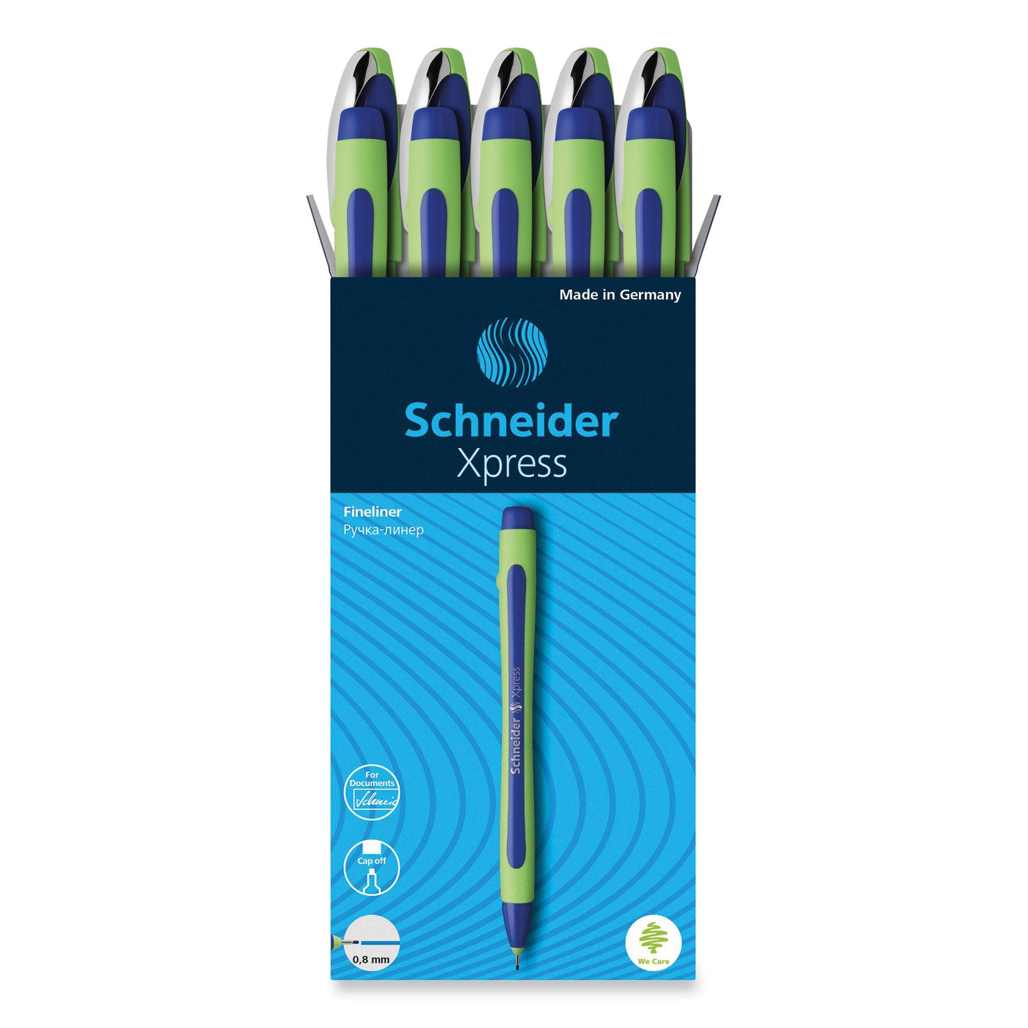 Schneider Xpress Fineliner Pen - 0.8 mm Medium Pen Point - Blue Ink - Blue Rubberized, Green Barrel - Stainless Steel Tip - 10 / Pack