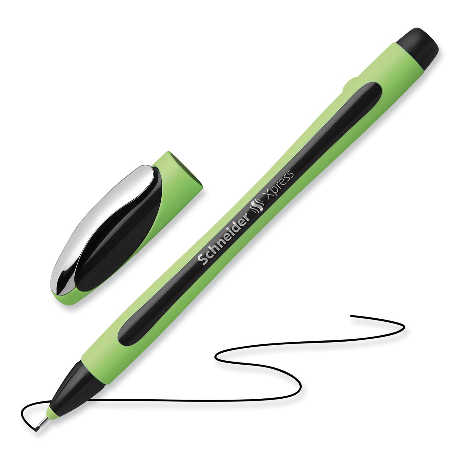 Schneider Xpress Fineliner Pen - 0.8 mm Medium Pen Point - Black Ink - Black Rubberized, Green Barrel - Stainless Steel Tip - 10 / Pack
