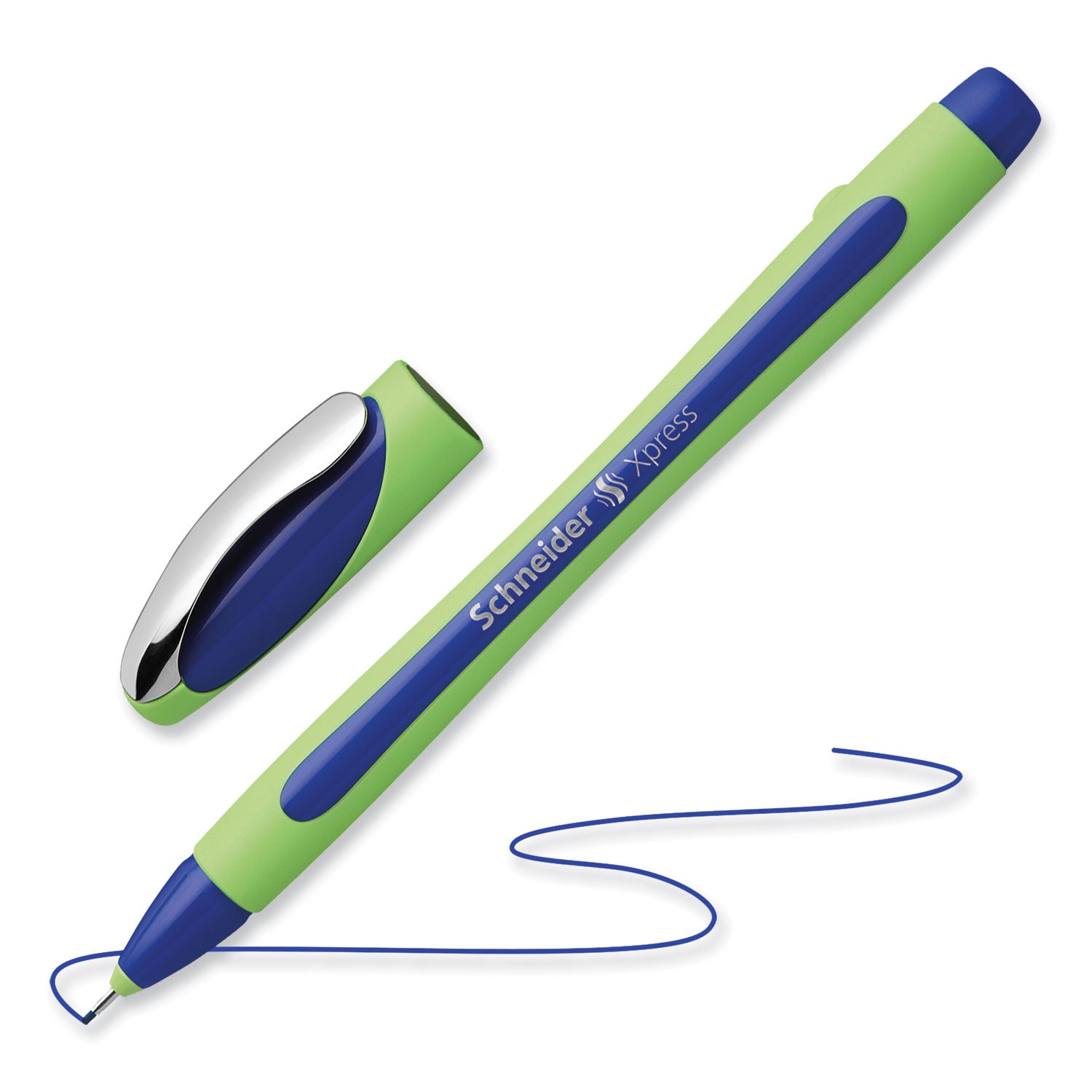 Schneider Xpress Fineliner Pen - 0.8 mm Medium Pen Point - Blue Ink - Blue Rubberized, Green Barrel - Stainless Steel Tip - 10 / Pack