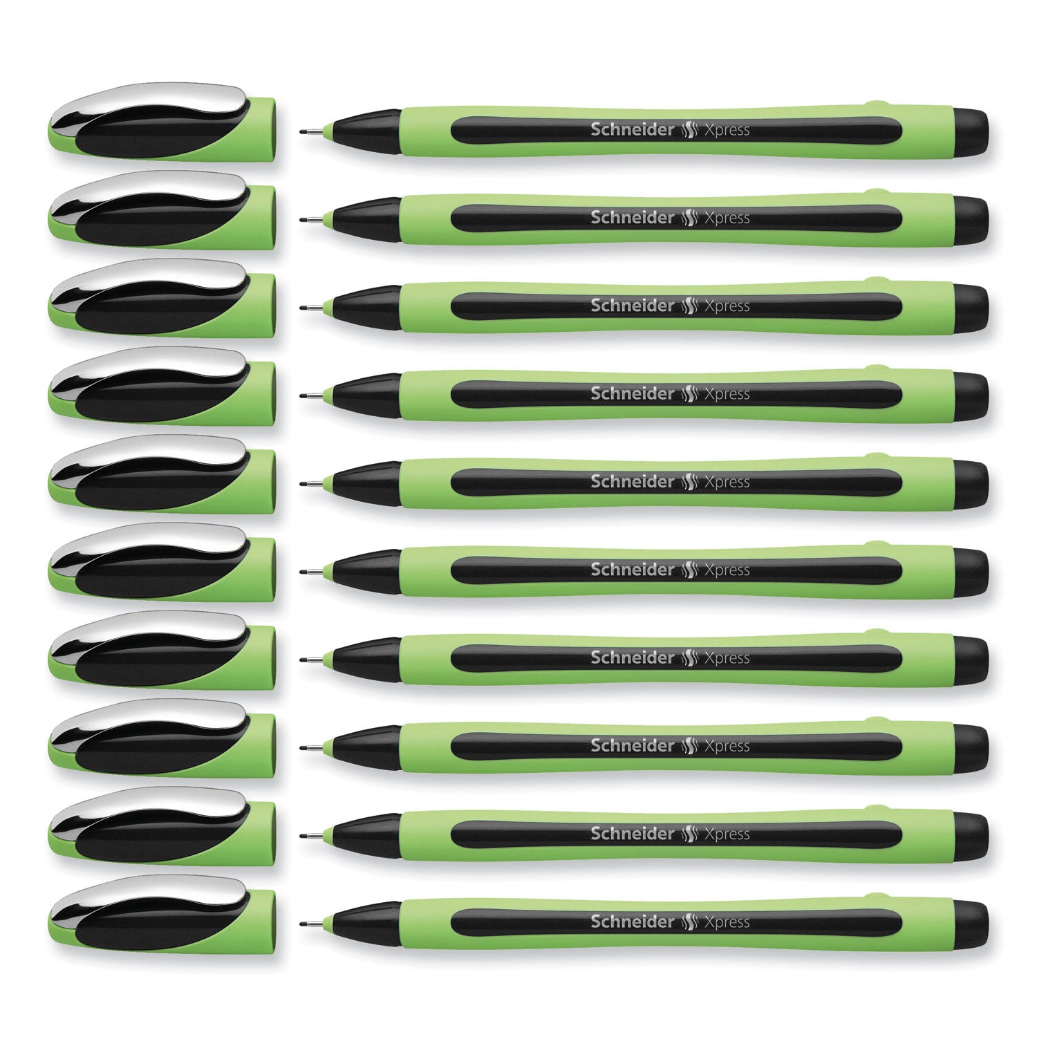Schneider Xpress Fineliner Pen - 0.8 mm Medium Pen Point - Black Ink - Black Rubberized, Green Barrel - Stainless Steel Tip - 10 / Pack
