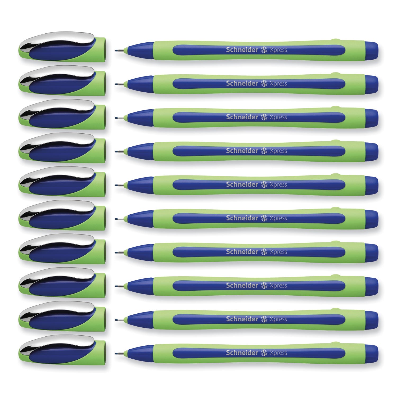 Schneider Xpress Fineliner Pen - 0.8 mm Medium Pen Point - Blue Ink - Blue Rubberized, Green Barrel - Stainless Steel Tip - 10 / Pack