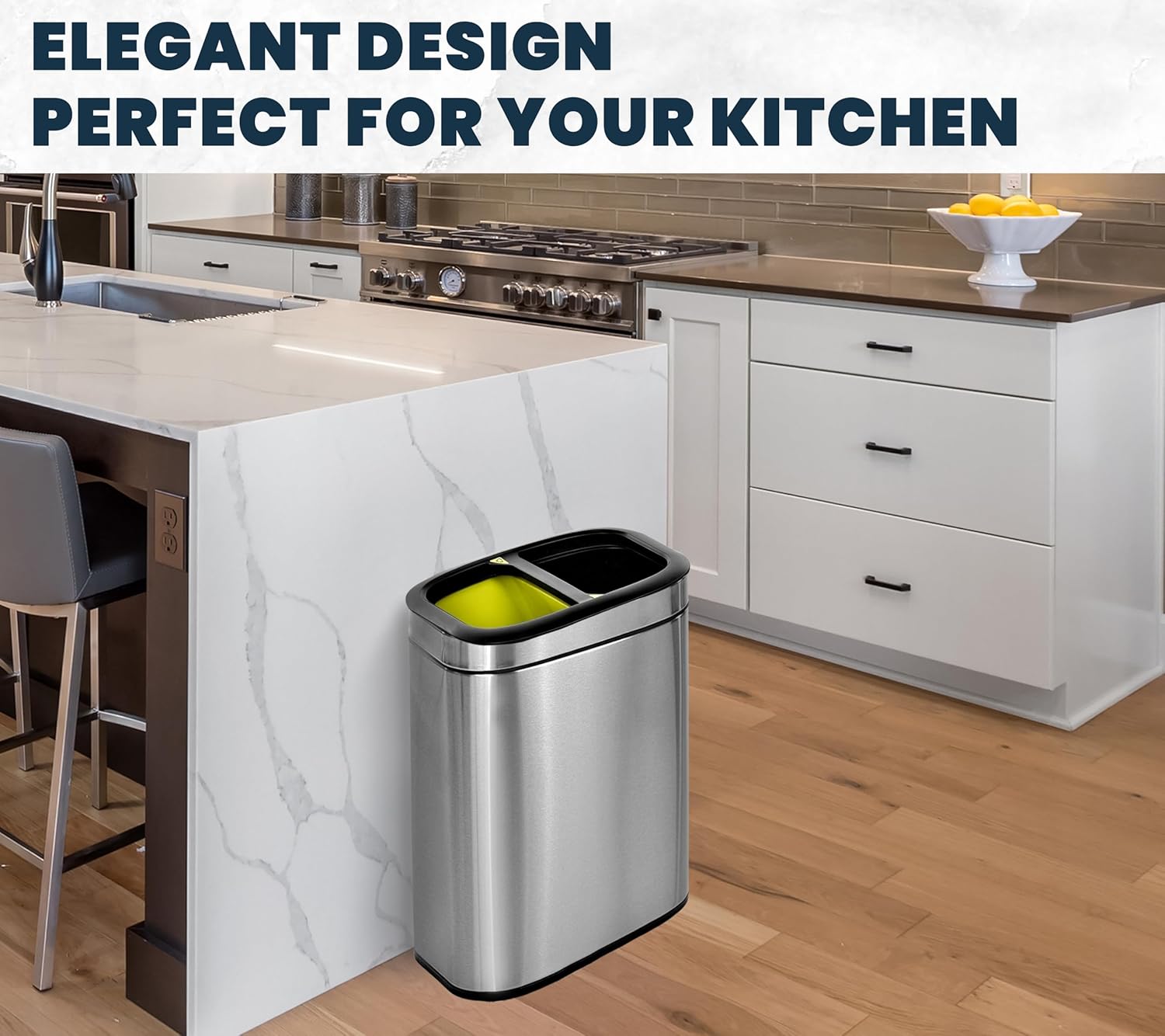 Alpine Industries 40 L / 10.5 Gal Stainless Steel Slim Open Trash Can Dual Compartment, Brushed Stainless Steel