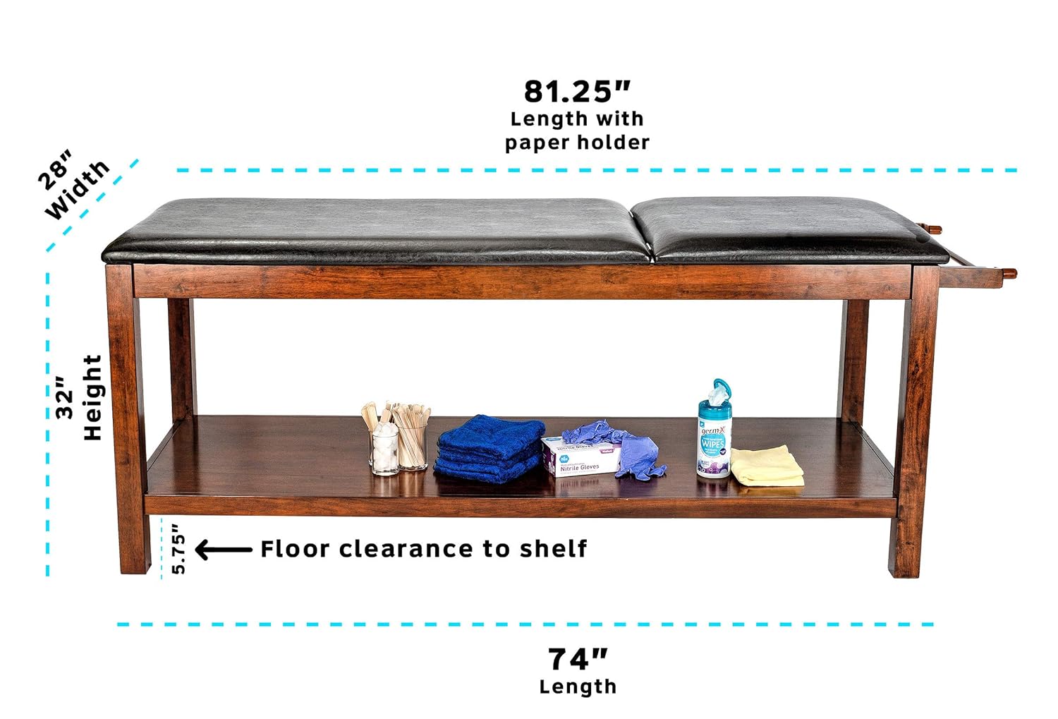Mahogany Wooden Exam Table with Full Shelf