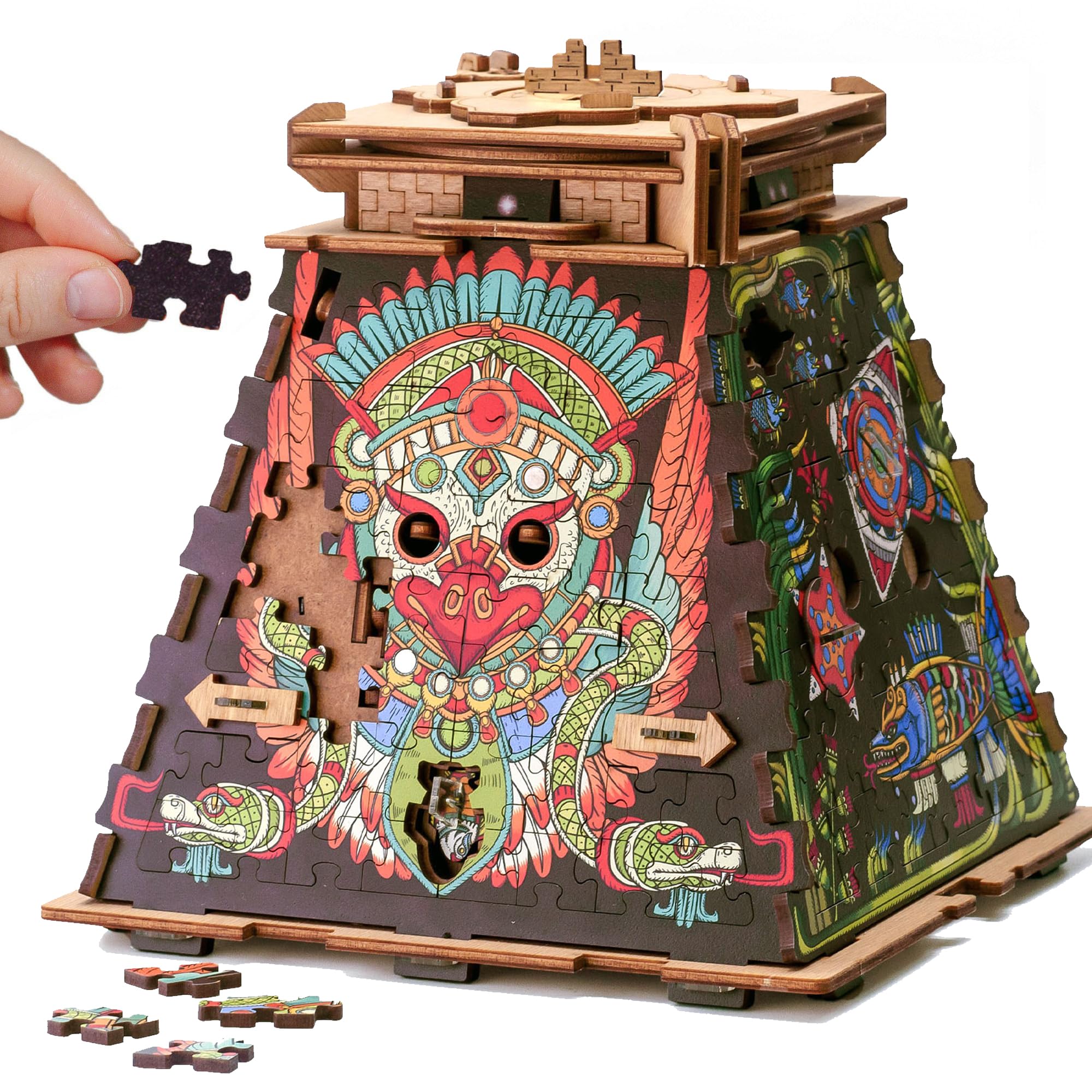 iDventure Cluepuzzle Pyramid of The Sun | Wooden 3D Puzzle & Escape Room Box | Sequential Riddles with Hidden Treasure | Fun Family Game Night Activity for Ages 10+