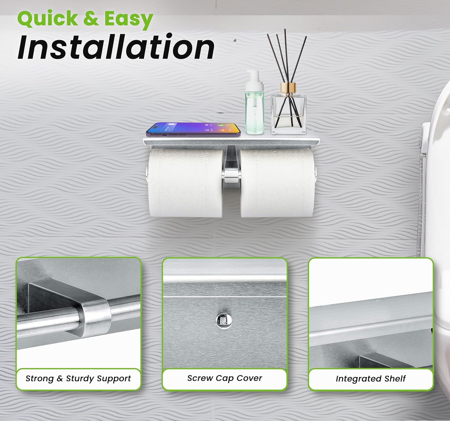 Alpine Industries Double Toilet Paper Holder with Shelf Storage Rack, Brushed Stainless