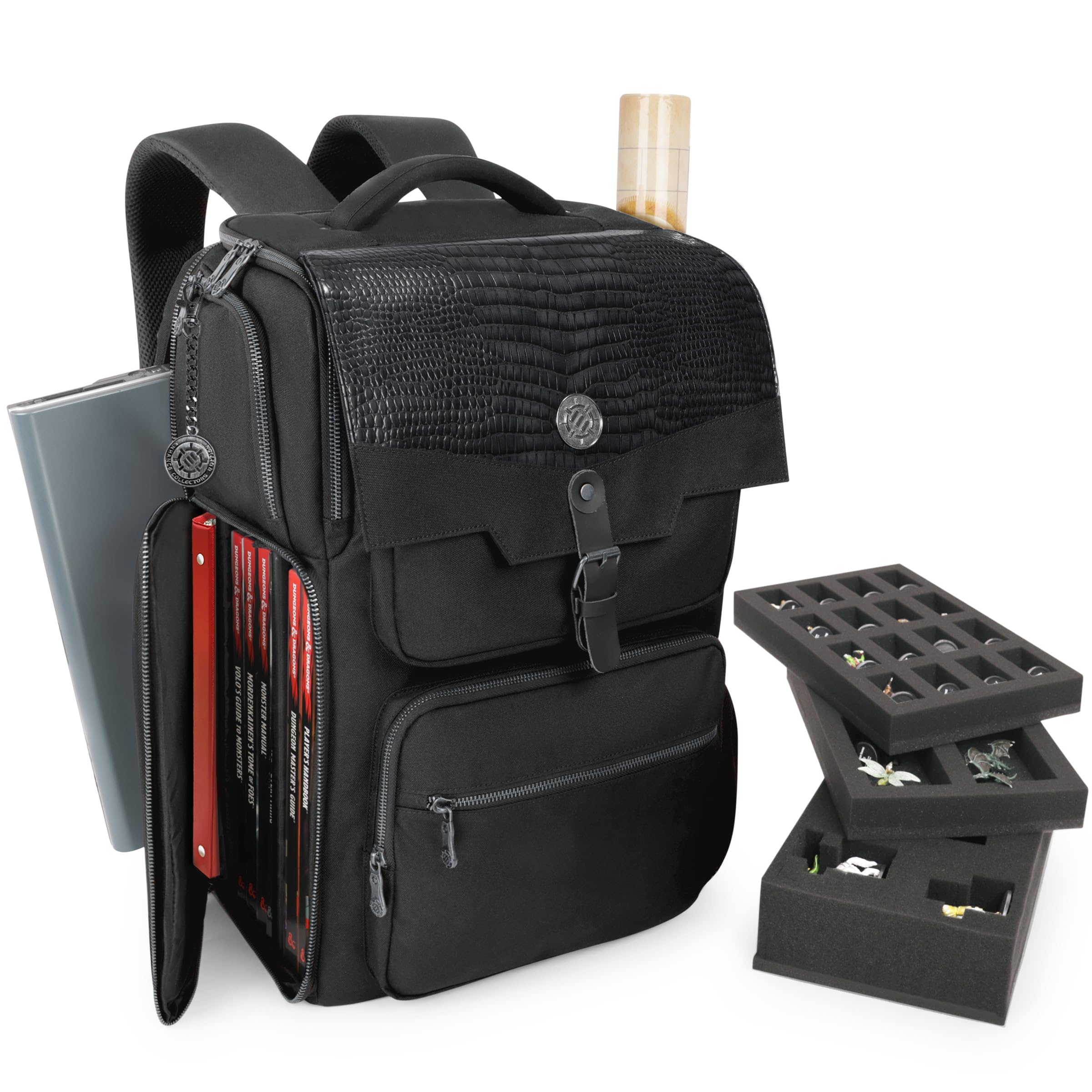 ENHANCE Collector's Edition DnD Backpack - RPG DM Bag for Dungeons and Dragons - DnD Bag fits 6-8 Books, 18" Laptop/DM Screen Slot, Miniature Foam Trays, Accessory Pockets, Map Strap (Dragon Black)