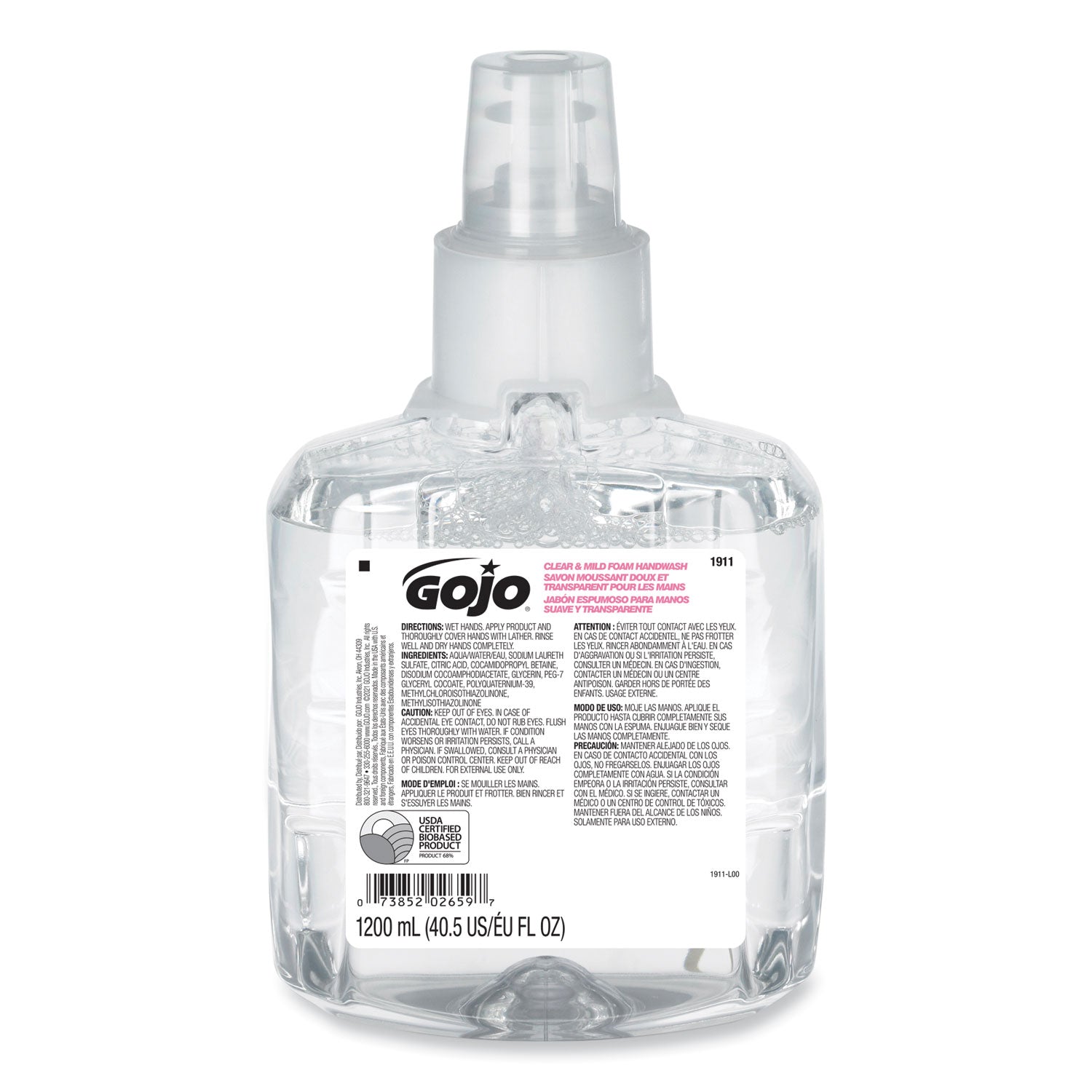 Gojo&reg; LTX-12 Clear Mild Foam Handwash Refill - 1.27 quart - Hand, Skin - Moisturizing - Clear - Fragrance-free, Dye-free, Rich Lather, Eco-friendly - 2 / Carton