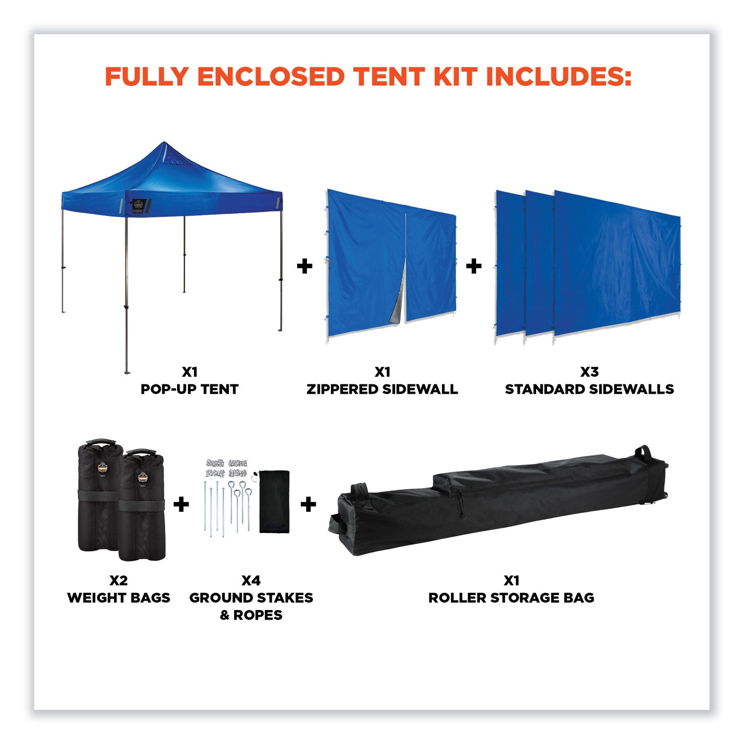 Ergodyne SHAX 6053 Heavy-Duty Pop-Up Tent Kit, Blue, Steel Frame, 10 ft x 10 ft x 14 ft, Includes 1 Tent, 1 Sidewall with Zipper, 3 Sidewalls, Weight Bags, Storage Bag, Polyester Canopy