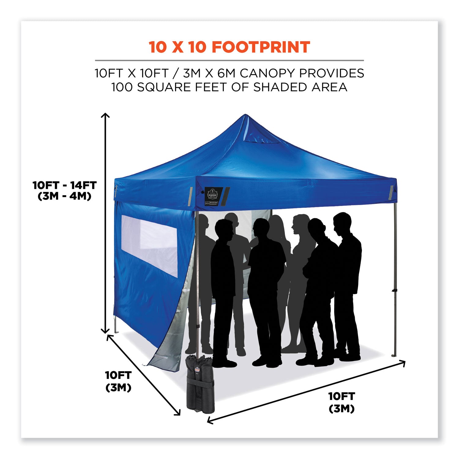 Ergodyne SHAX 6052 Heavy-Duty Pop-Up Canopy Tent Kit, Blue, Steel Frame, 10 ft x 10 ft x 14 ft, Includes 1 Tent, 2 Sidewalls with Mesh Windows, 2 Weight Bags, Storage Bag, 4 Stakes, 4 Ropes, Packaged Quantity: 1 Each