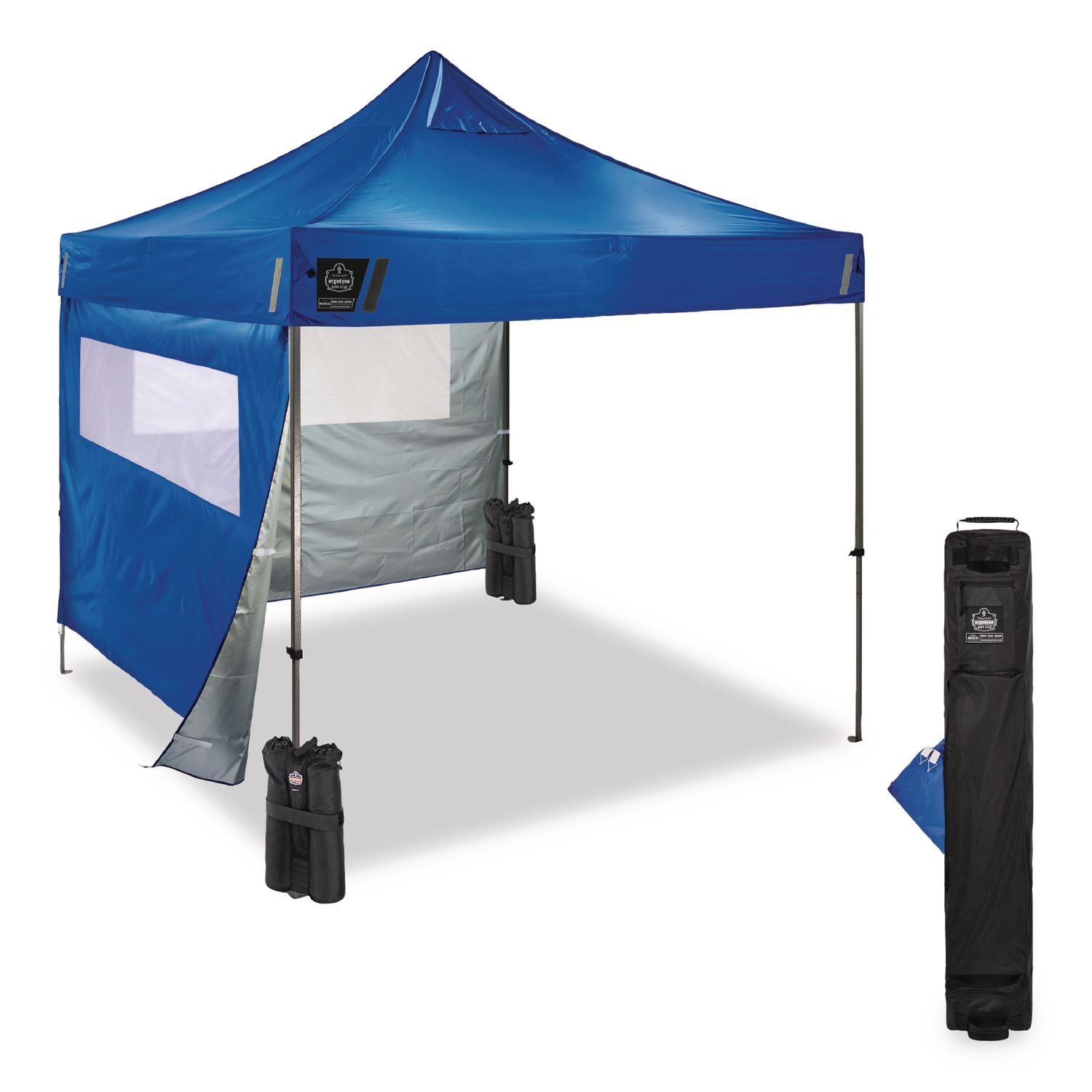 Ergodyne SHAX 6052 Heavy-Duty Pop-Up Canopy Tent Kit, Blue, Steel Frame, 10 ft x 10 ft x 14 ft, Includes 1 Tent, 2 Sidewalls with Mesh Windows, 2 Weight Bags, Storage Bag, 4 Stakes, 4 Ropes, Packaged Quantity: 1 Each