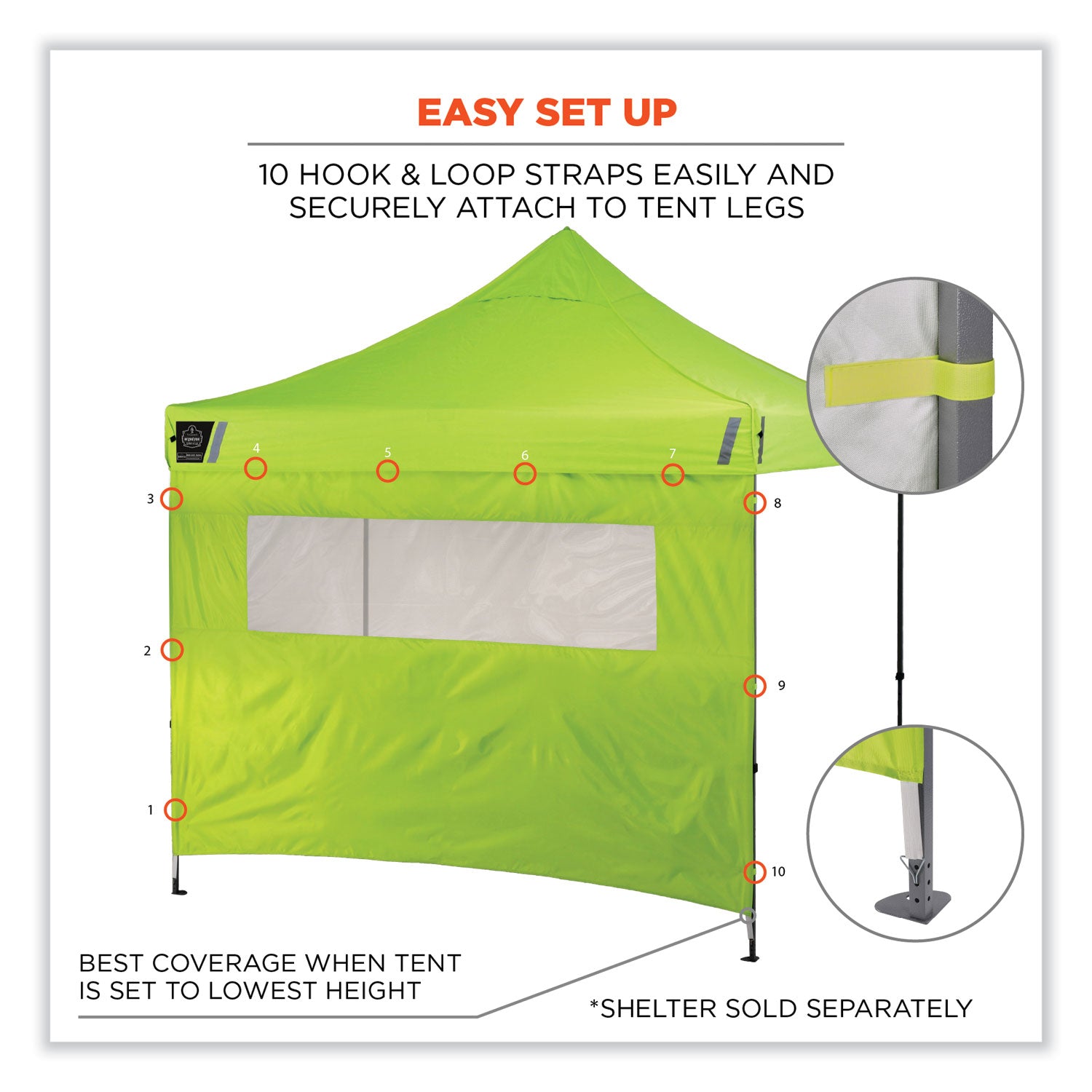 Ergodyne Shax 6092 Heavy-Duty Tent Sidewall with Mesh Window, Water Repellent, Lime, 1 Each