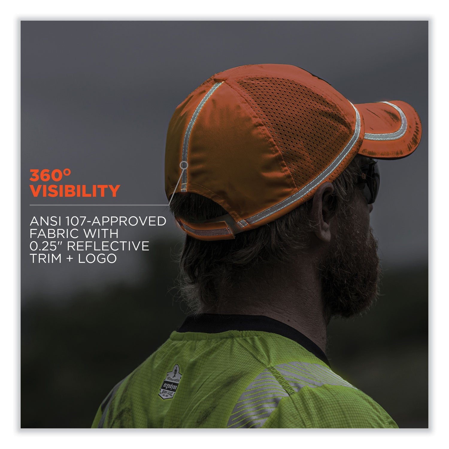 Ergodyne GloWear 8930 Class 2 Hi-Vis Baseball Cap, Polyester, Orange, Mesh Vent, Retroreflective Stripe, ANSI Compliant, 1 Each