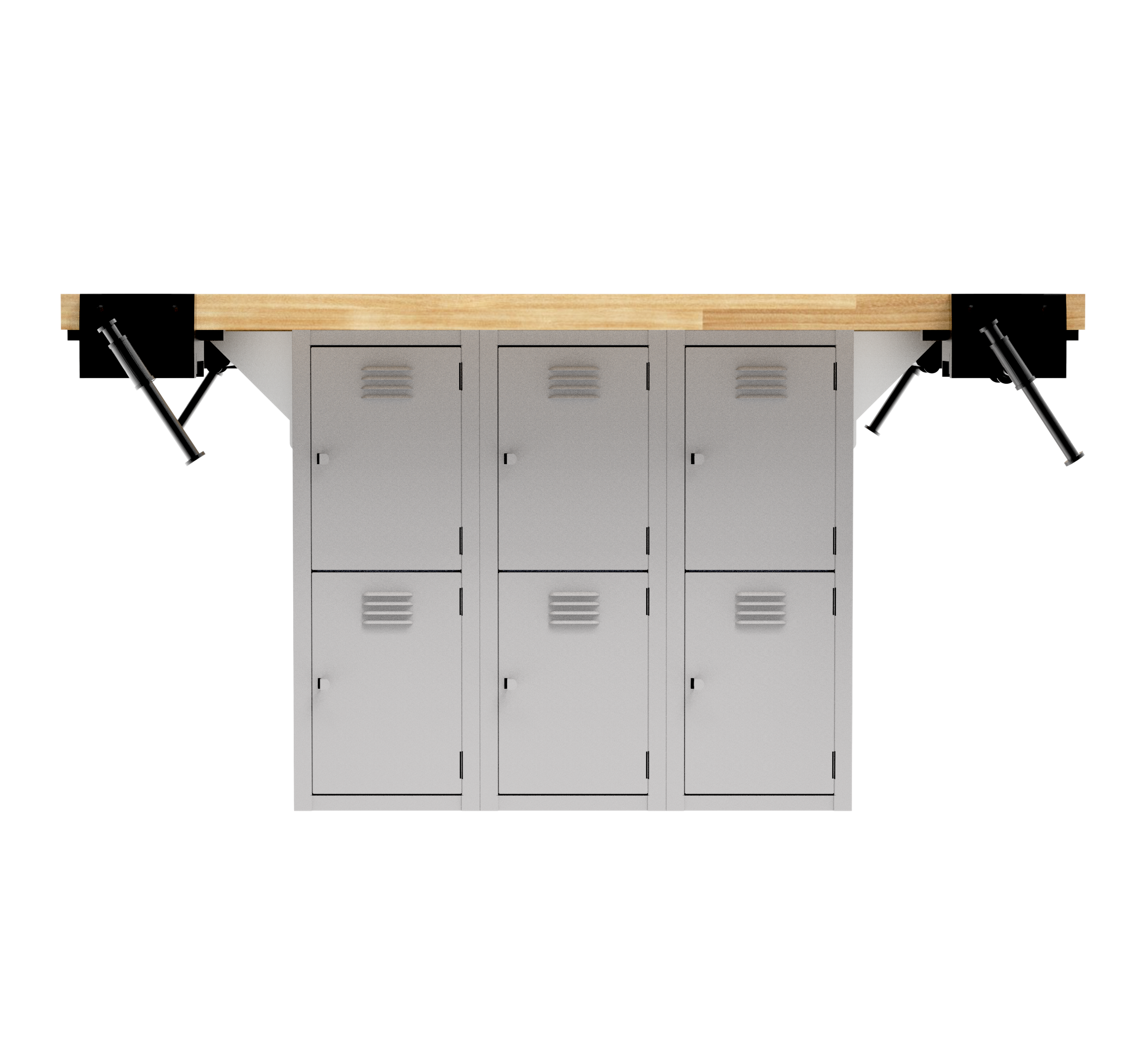 Forum Industrial Arts Four-Station Workbench with Steel Lockers W/4 Vises