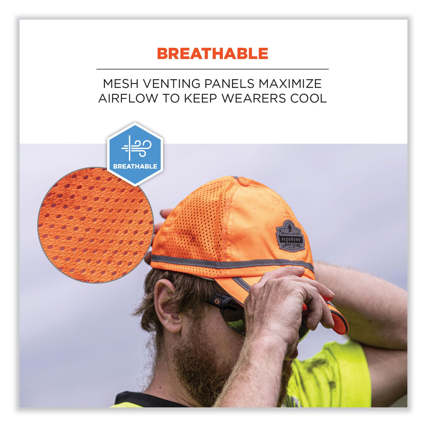Ergodyne GloWear 8930 Class 2 Hi-Vis Baseball Cap, Polyester, Orange, Mesh Vent, Retroreflective Stripe, ANSI Compliant, 1 Each
