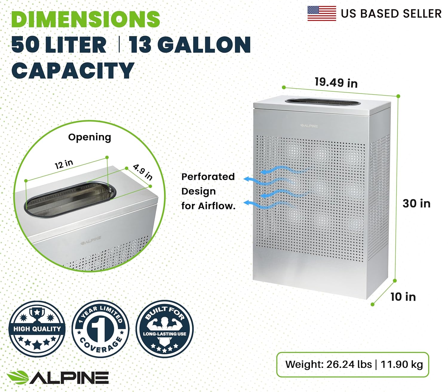13 Gallon Stainless Steel Square Perforated Decorative Waste Receptacle