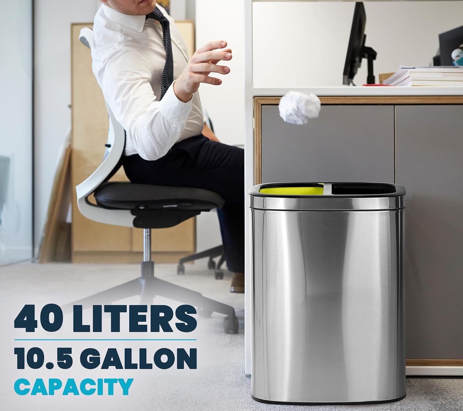 Alpine Industries 40 L / 10.5 Gal Stainless Steel Slim Open Trash Can Dual Compartment, Brushed Stainless Steel