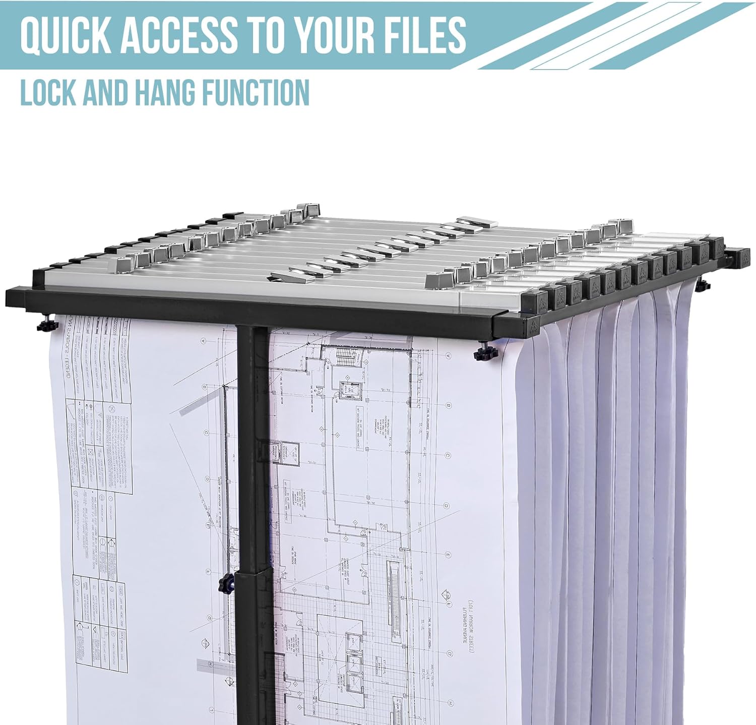 AdirOffice Blueprint Steel Vertical Plan Center, Black with 6036 30 in. Aluminum Hanging Clamps (6 Pack)