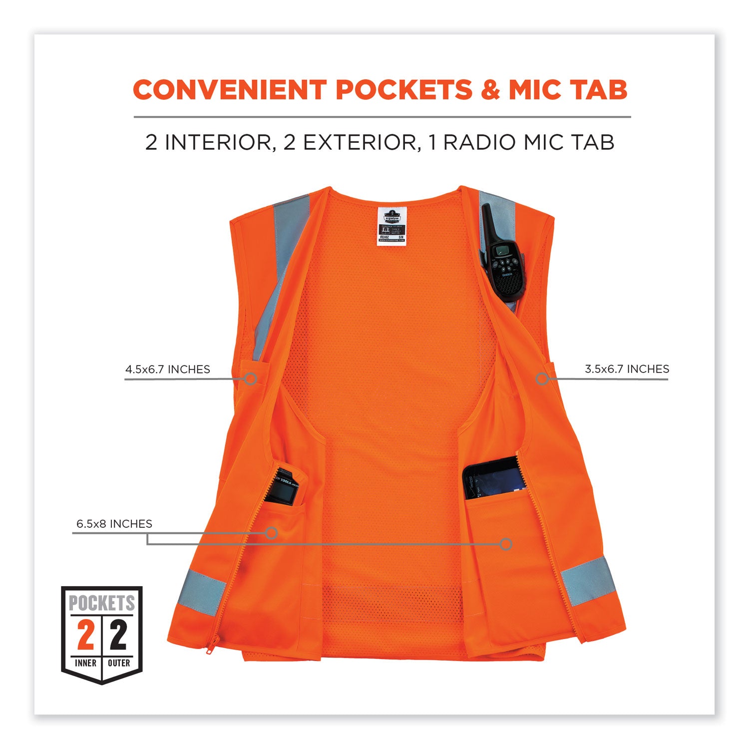 Ergodyne 8249Z Type R Class 2 Economy Surveyors Vest, Extra Small, Zipper Closure, Orange, Machine Washable, Breathable, Reflective Strip, Lightweight, Cell Phone Pocket, High Visibility, 1 Each