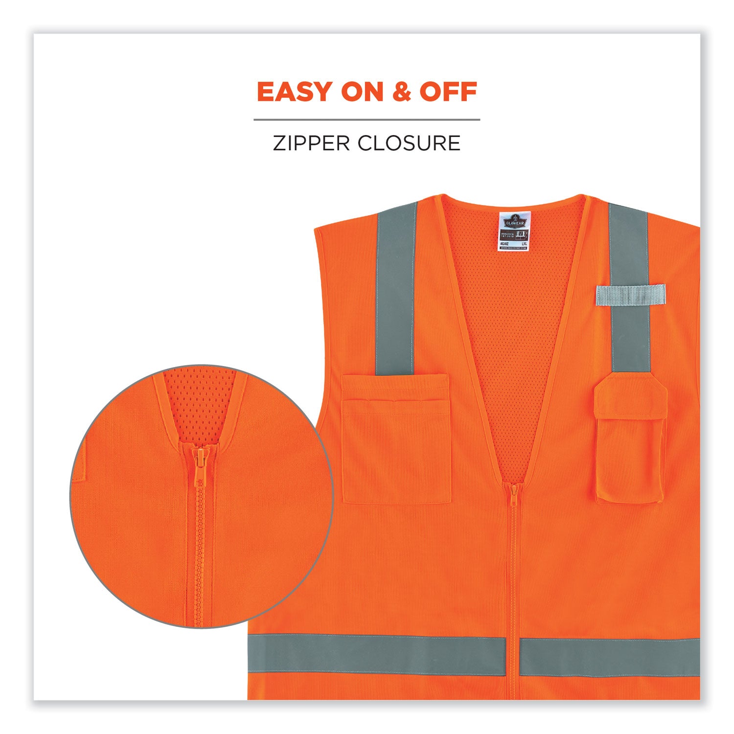 Ergodyne 8249Z Type R Class 2 Economy Surveyors Vest, Extra Small, Zipper Closure, Orange, Machine Washable, Breathable, Reflective Strip, Lightweight, Cell Phone Pocket, High Visibility, 1 Each