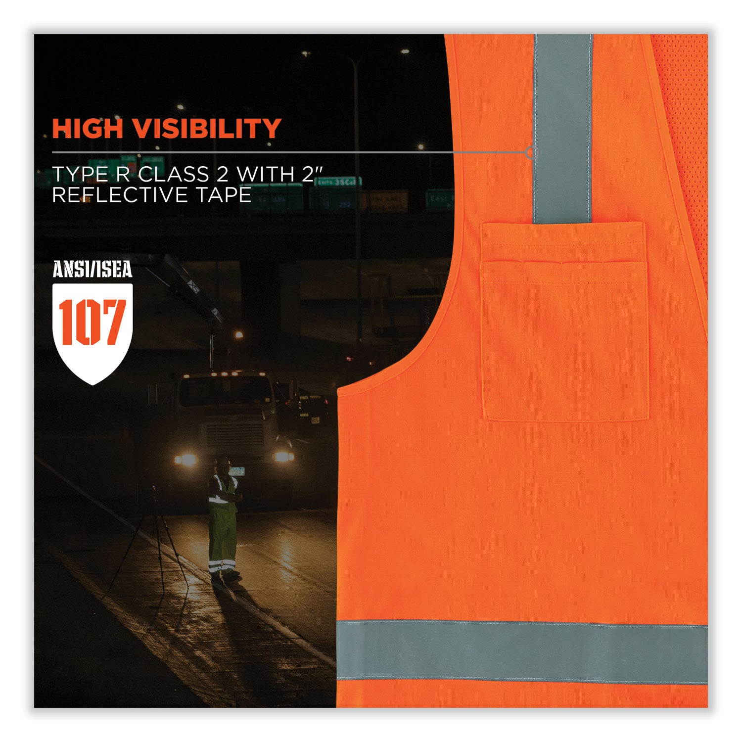 Ergodyne 8249Z Type R Class 2 Economy Surveyors Vest, Small/Medium, Zipper Closure, Orange, Polyester/Polyester Mesh, Reflective, High Visibility, Breathable, Lightweight, Multiple Pockets, 1 Each