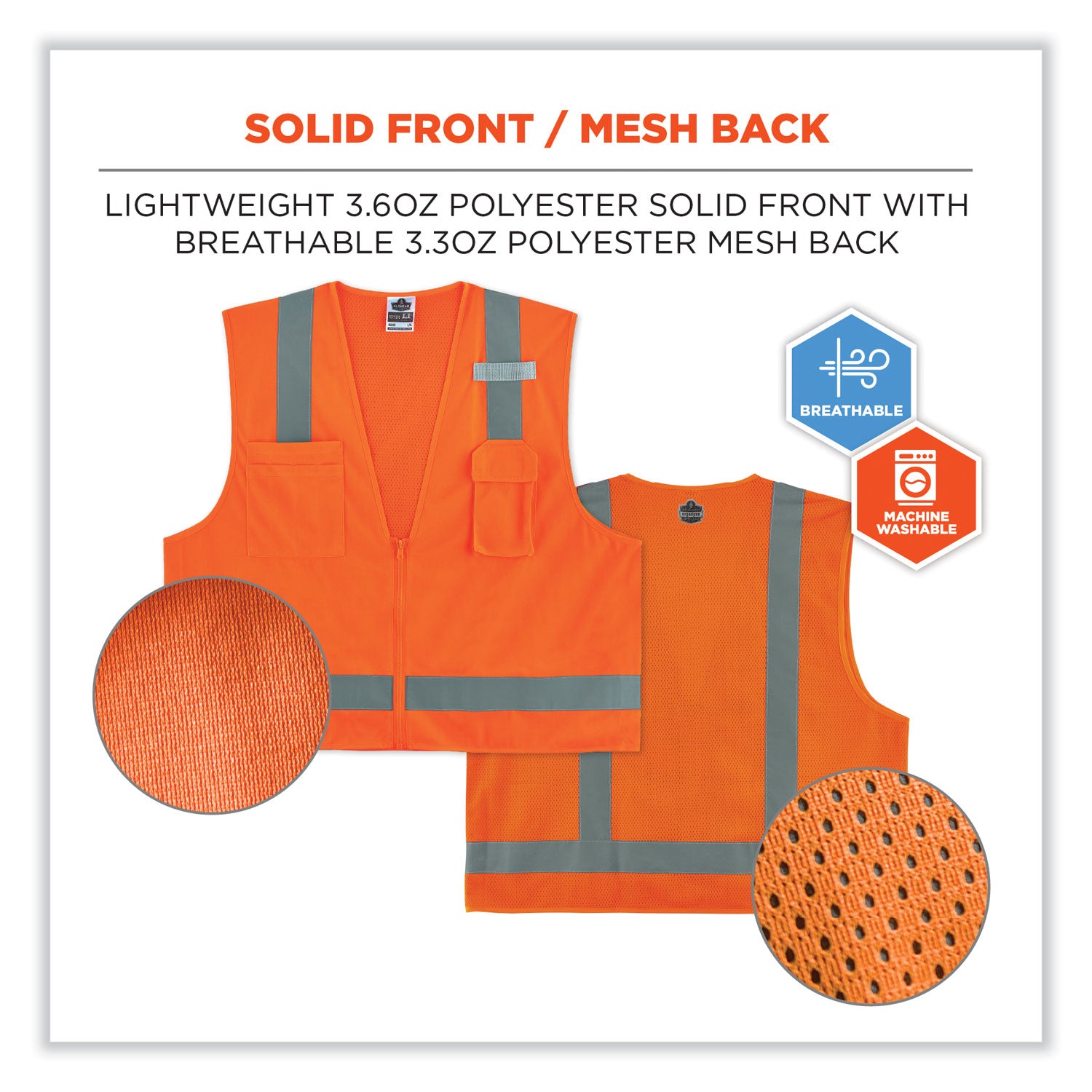 Ergodyne 8249Z Type R Class 2 Economy Surveyors Vest, Small/Medium, Zipper Closure, Orange, Polyester/Polyester Mesh, Reflective, High Visibility, Breathable, Lightweight, Multiple Pockets, 1 Each