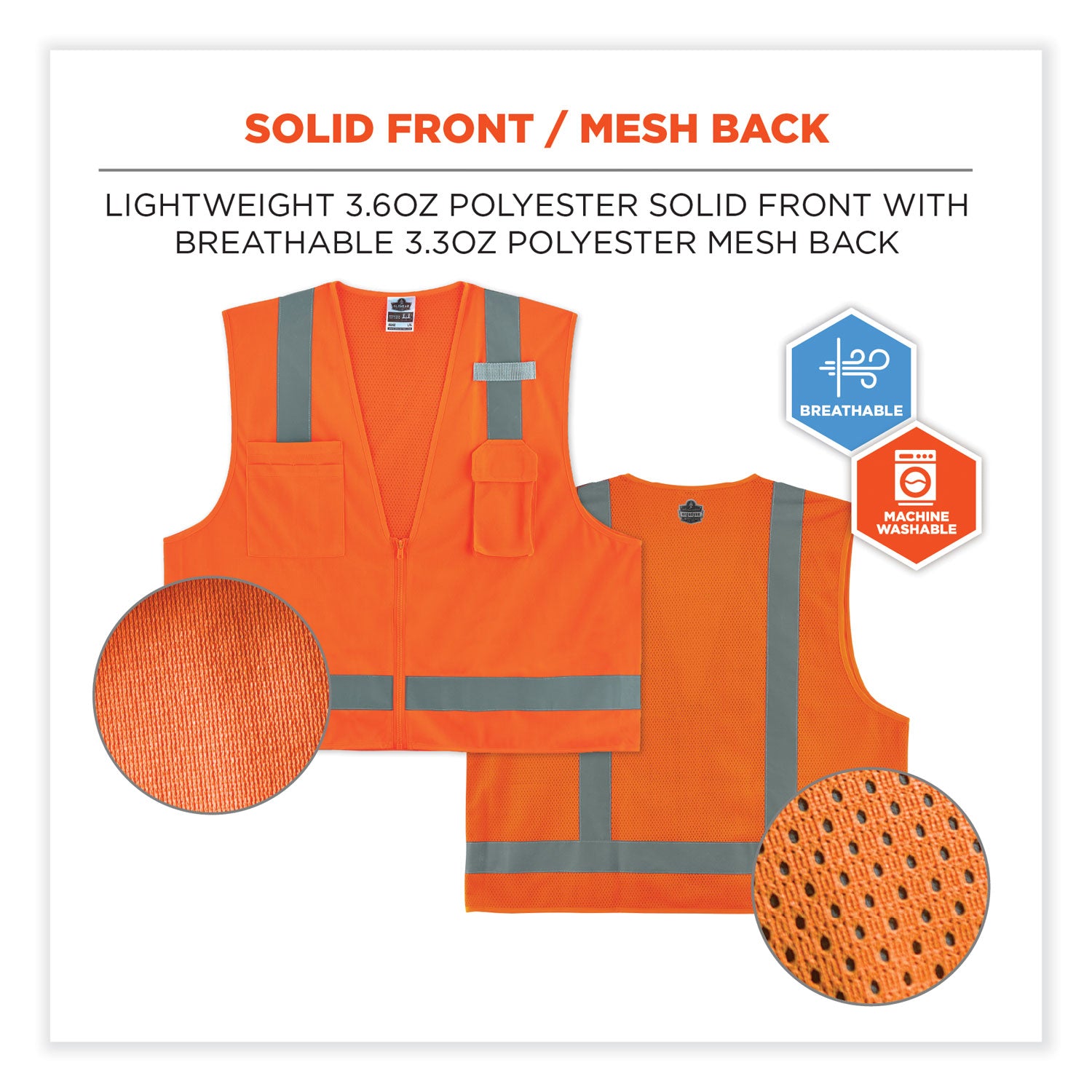 Ergodyne 8249Z Type R Class 2 Economy Surveyors Vest, Large/Extra Large, Zipper Closure, Polyester/Polyester Mesh, Orange, Reflective, High Visibility, Breathable, Lightweight, 1 Each
