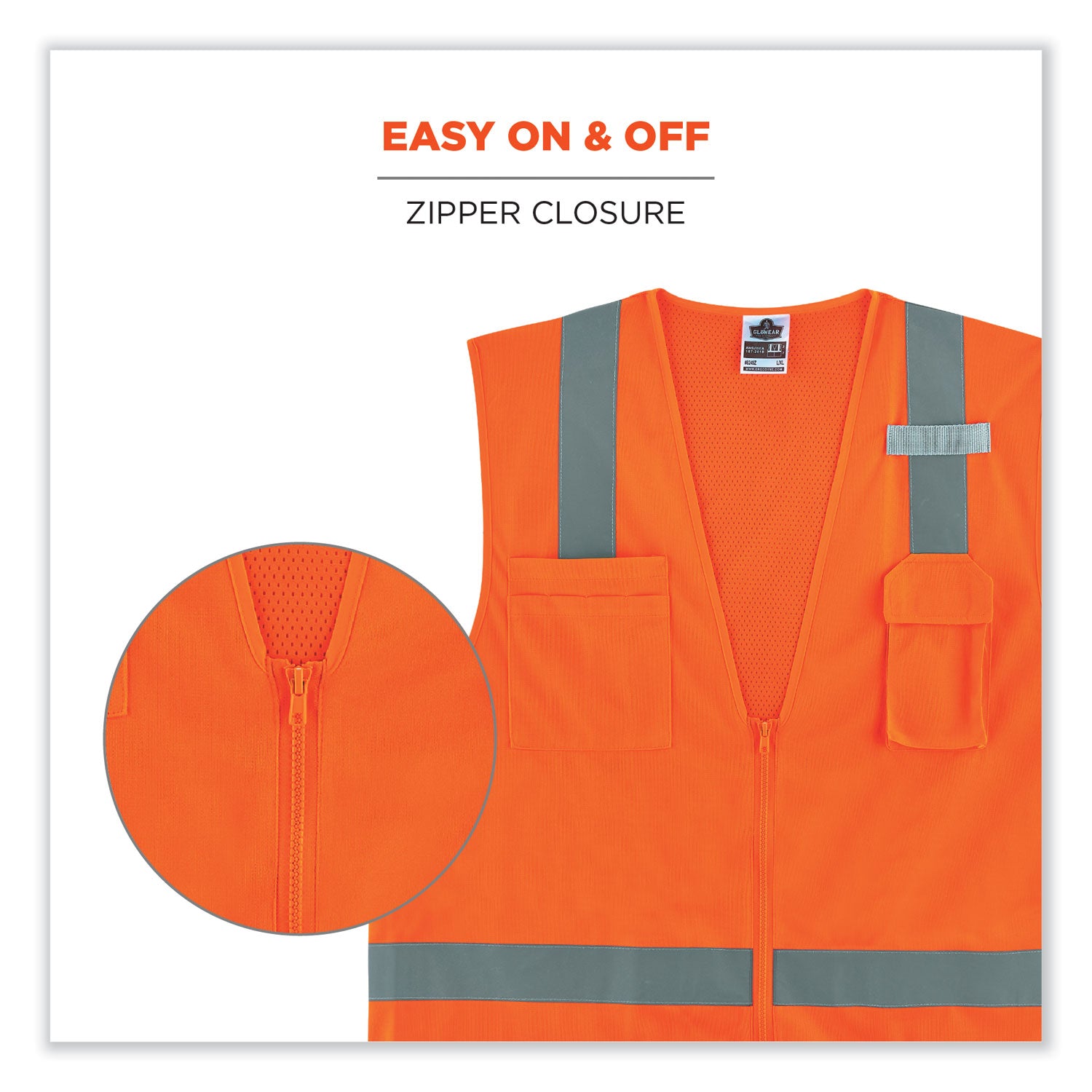 Ergodyne 8249Z Type R Class 2 Economy Surveyors Vest, Large/Extra Large, Zipper Closure, Polyester/Polyester Mesh, Orange, Reflective, High Visibility, Breathable, Lightweight, 1 Each