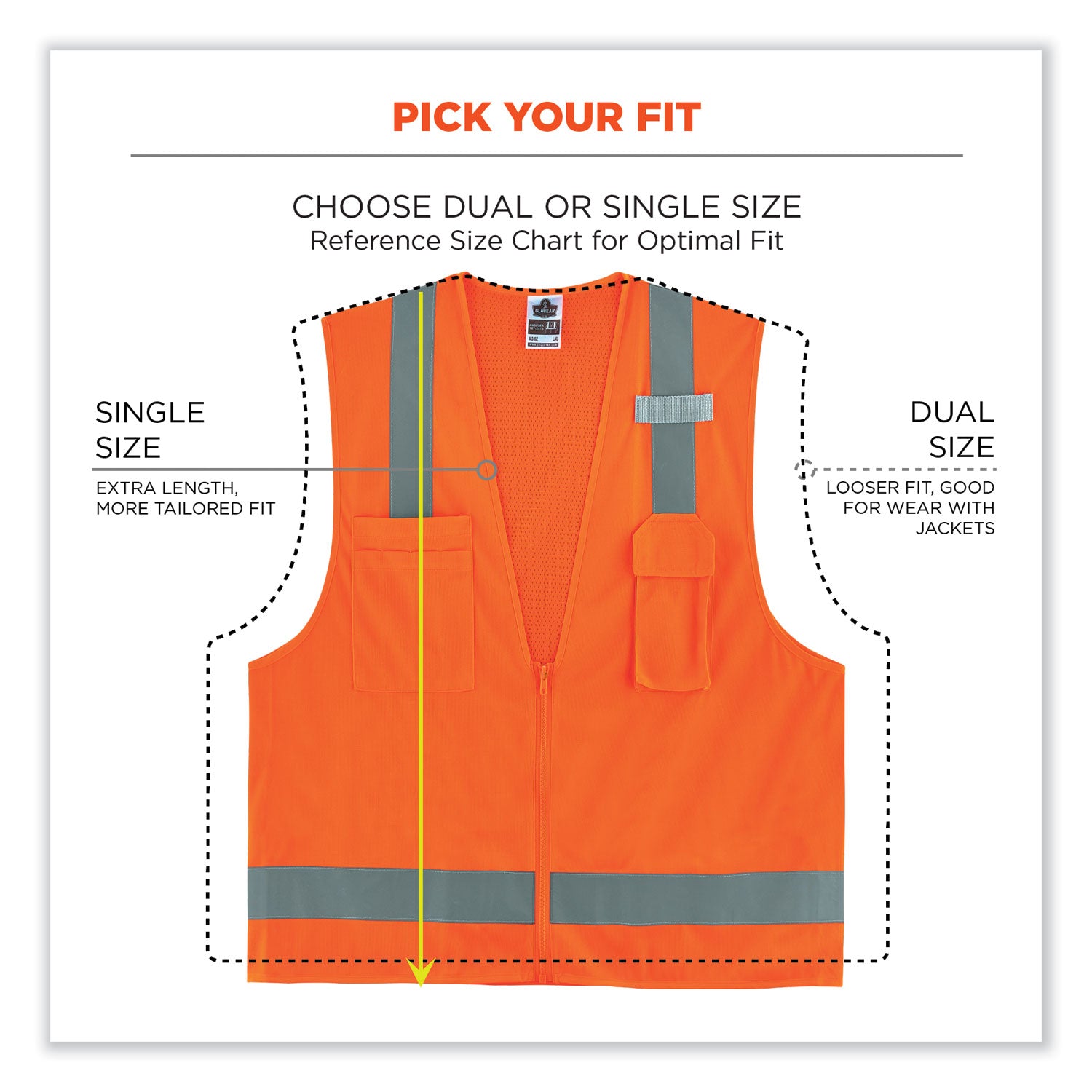 Ergodyne 8249Z Type R Class 2 Economy Surveyors Vest, 2XL/3XL, Zipper Closure, Polyester/Polyester Mesh, Orange, Reflective, High Visibility, Breathable, Lightweight, Chest Pocket, 1 Each