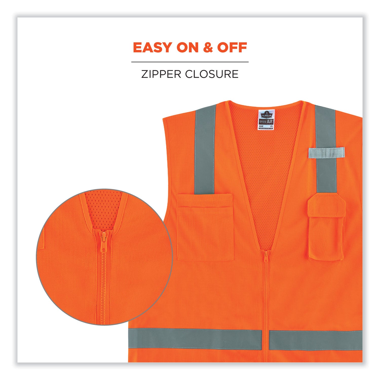 Ergodyne 8249Z Type R Class 2 Economy Surveyors Vest, 4XL/5XL, Zipper Closure, Polyester/Polyester Mesh, Orange, Reflective, High Visibility, Breathable, Lightweight, Multiple Pockets, 1 Each
