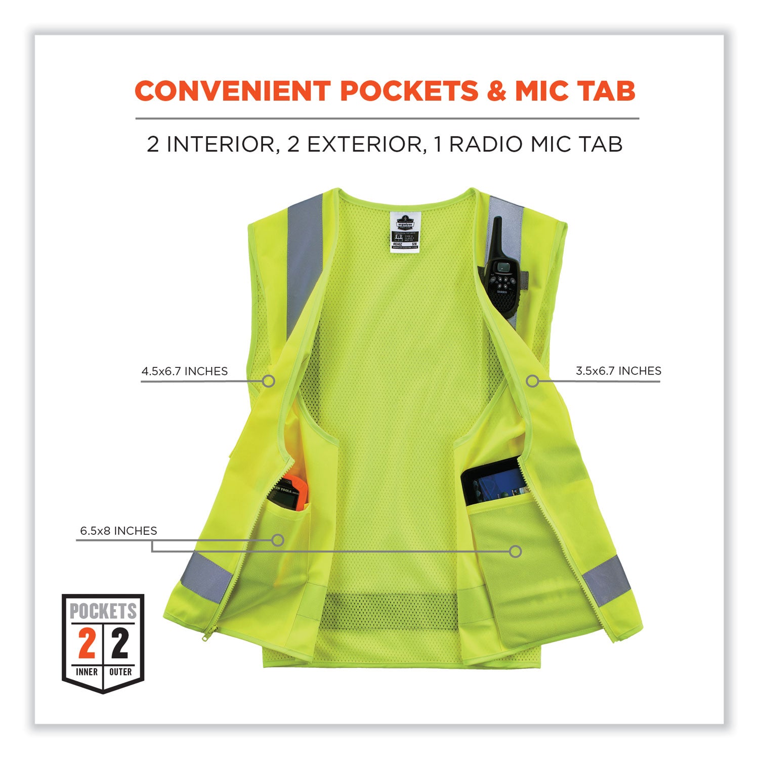 Ergodyne 8249Z Type R Class 2 Economy Surveyors Vest, Extra Small, Lime, Zipper Closure, Polyester/Polyester Mesh, Reflective, High Visibility, Breathable, Lightweight, Chest Pocket, 1 Each
