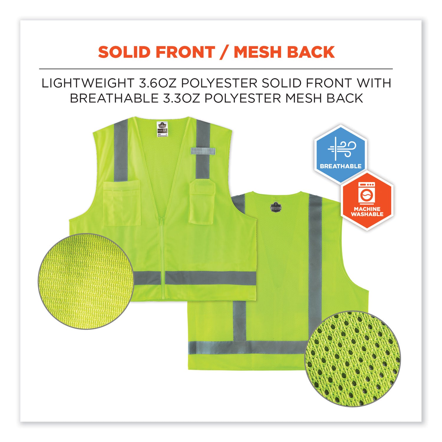 Ergodyne 8249Z Type R Class 2 Economy Surveyors Vest, 2XL/3XL, Zipper Closure, Polyester Solid Front & Mesh Back, Lime, Reflective, High Visibility, Breathable, Lightweight, Multiple Pockets, 1 Each