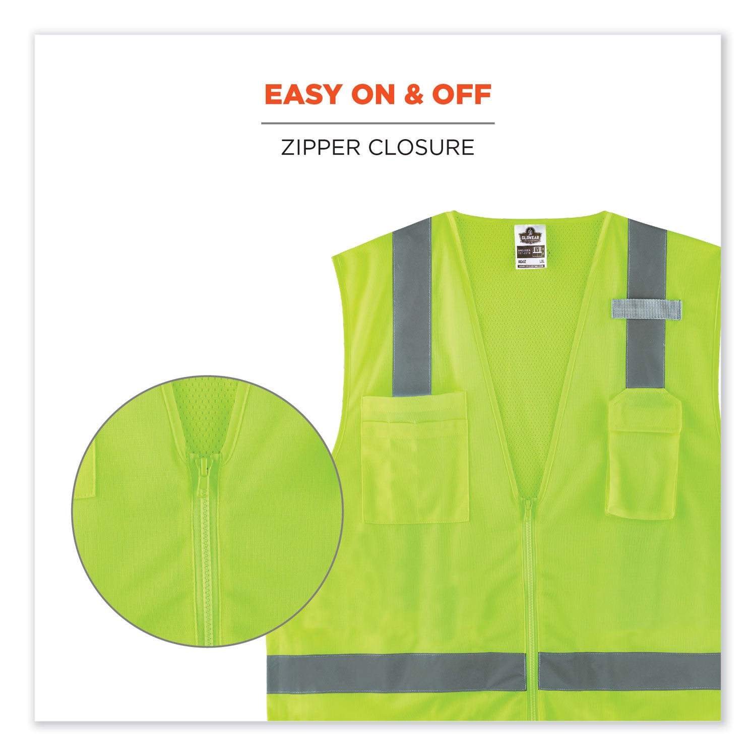 Ergodyne 8249Z Type R Class 2 Economy Surveyors Vest, Lime, Zipper Closure, Polyester/Polyester Mesh, Reflective, High Visibility, Breathable, Lightweight, 4XL/5XL, 1 Each