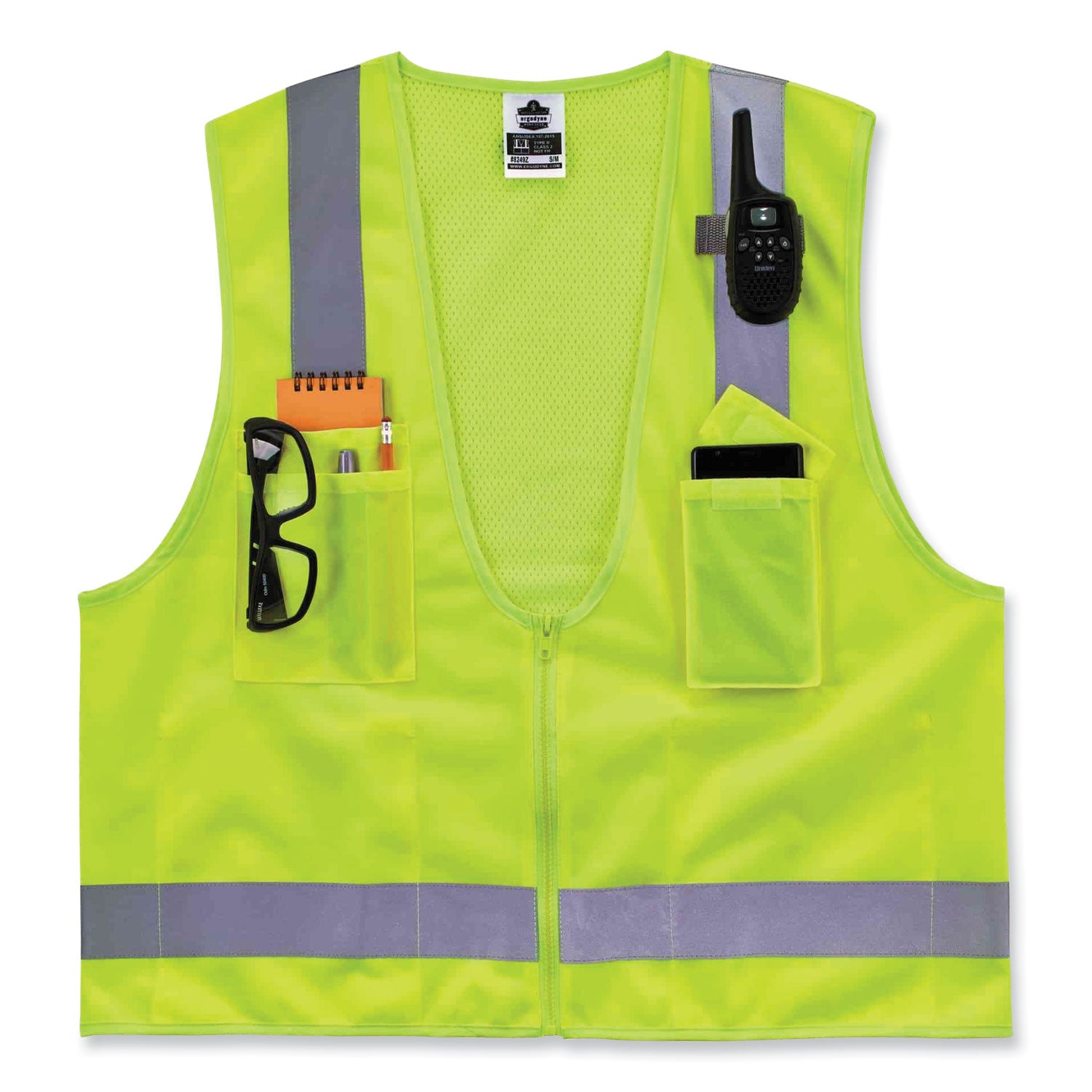 Ergodyne 8249Z Type R Class 2 Economy Surveyors Vest, Lime, Zipper Closure, Polyester/Polyester Mesh, Reflective, High Visibility, Breathable, Lightweight, 4XL/5XL, 1 Each