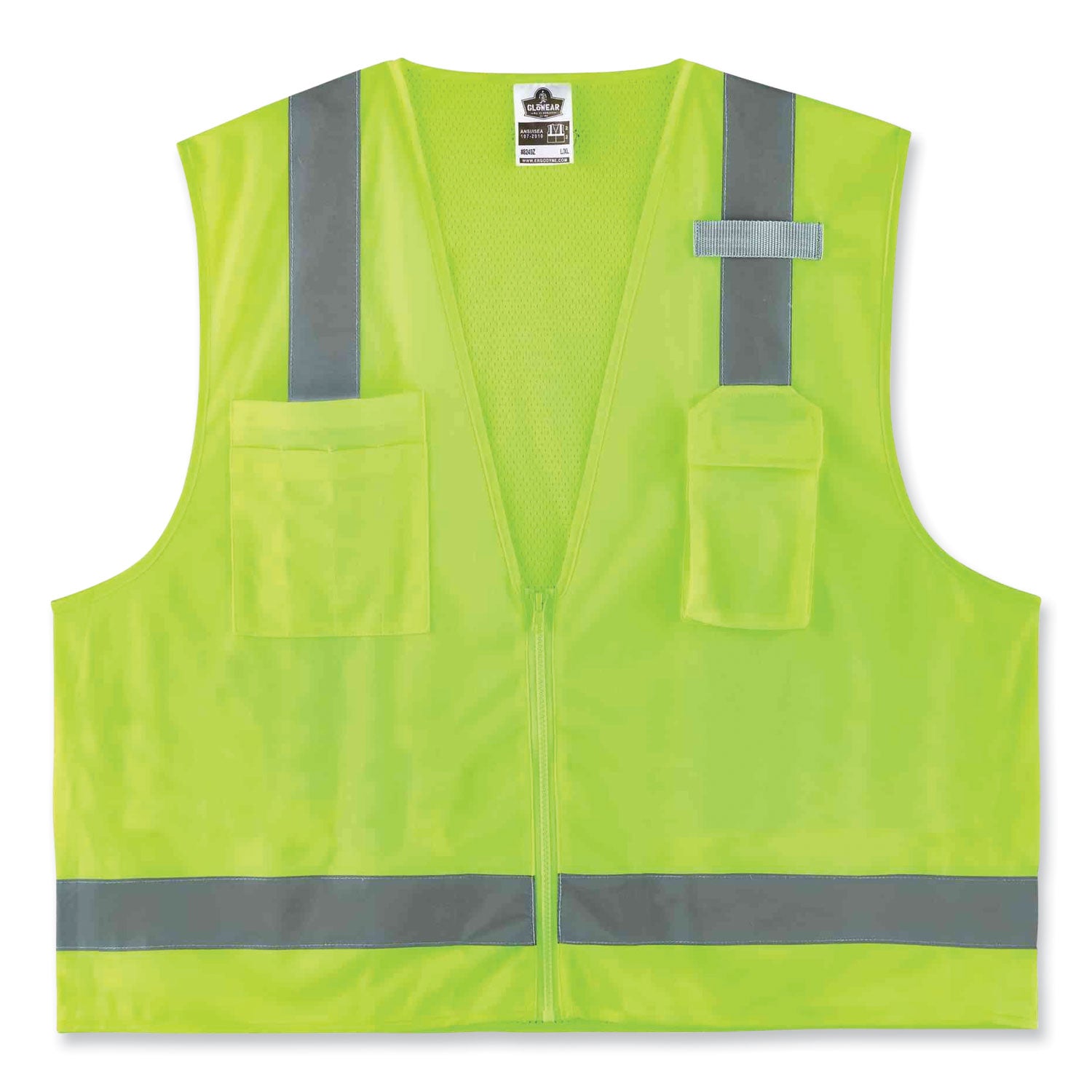 Ergodyne 8249Z Type R Class 2 Economy Surveyors Vest, Lime, Zipper Closure, Polyester/Polyester Mesh, Reflective, High Visibility, Breathable, Lightweight, 4XL/5XL, 1 Each