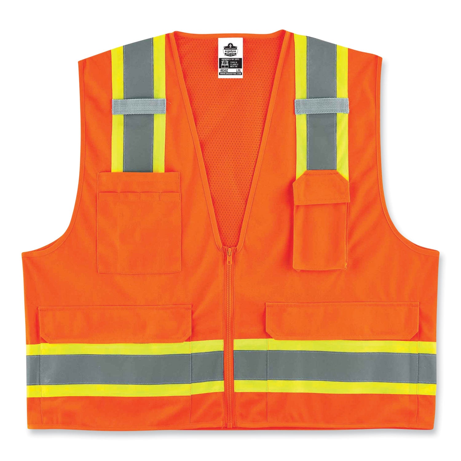 Ergodyne 8248Z Type R Class 2 Two-Tone Surveyors Vest, Large/Extra Large, Zipper Closure, Poly Mesh, Orange, Pocket, Mic Tab, Reflective, 1 Each