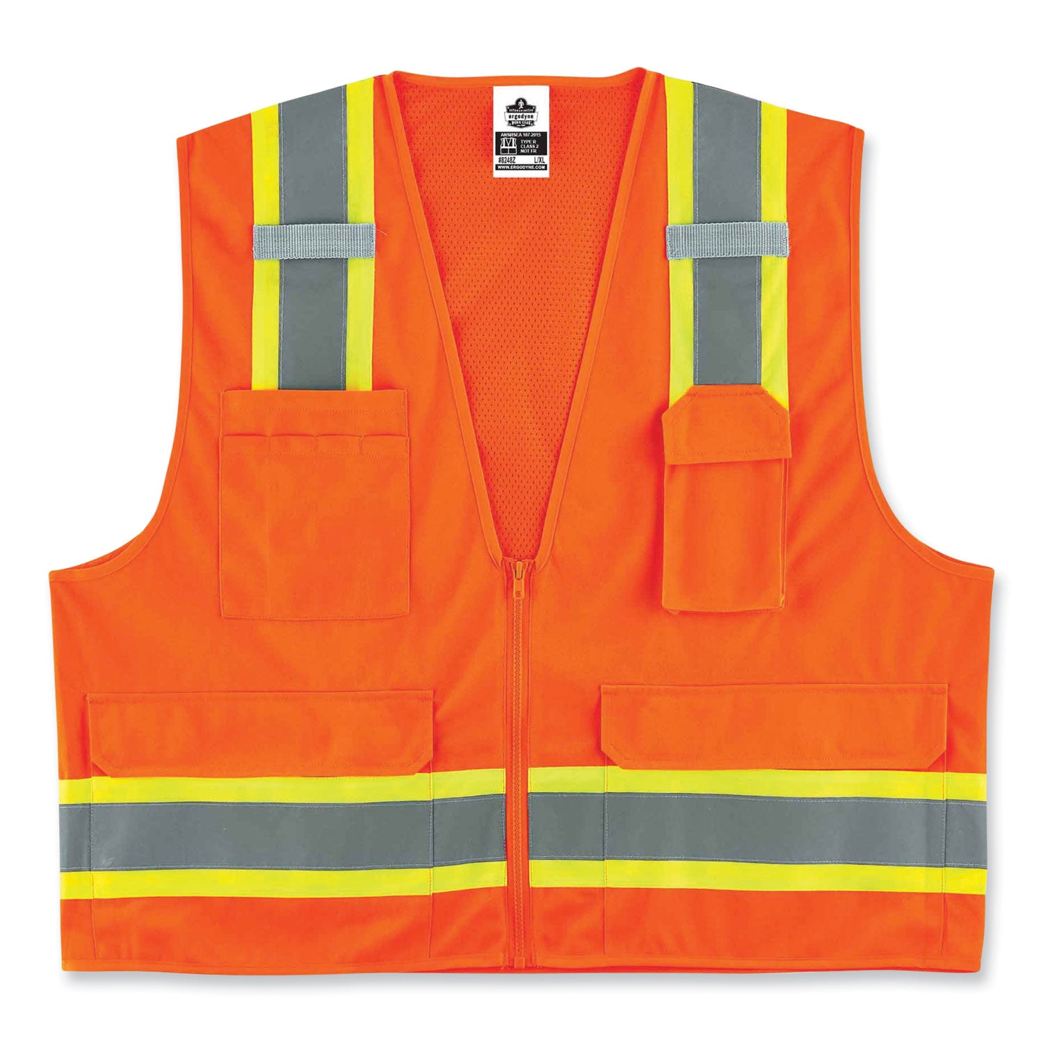 Ergodyne 8248Z Type R Class 2 Two-Tone Surveyors Vest, 2XL/3XL, Zipper Closure, Poly Mesh, Orange, Pockets, Mic Tab, Reflective, 1 Each
