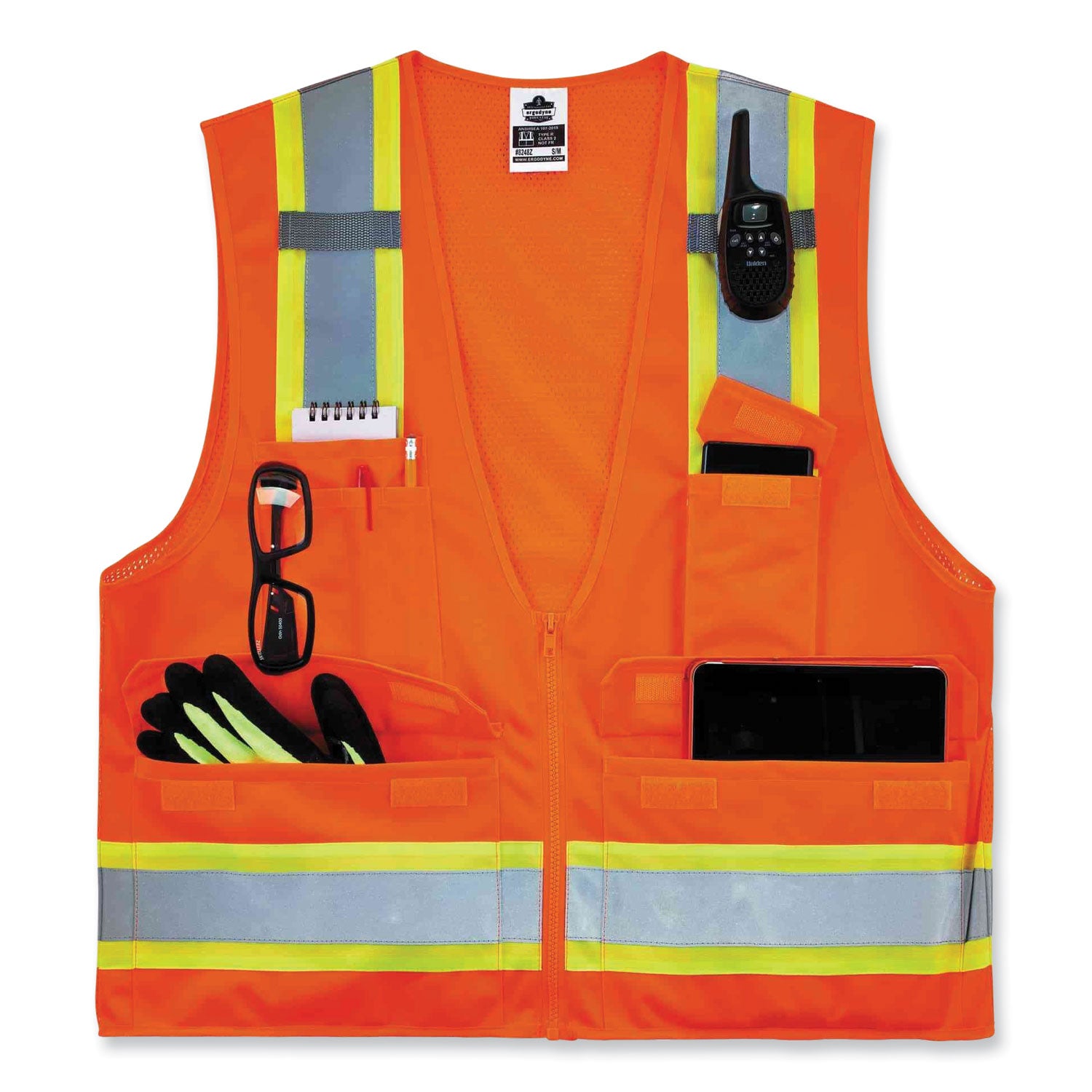 Ergodyne 8248Z Type R Class 2 Two-Tone Surveyors Vest, 4XL/5XL, Zipper Closure, Poly Mesh, Orange, Pocket, Mic Tab, Reflective, 1 Each