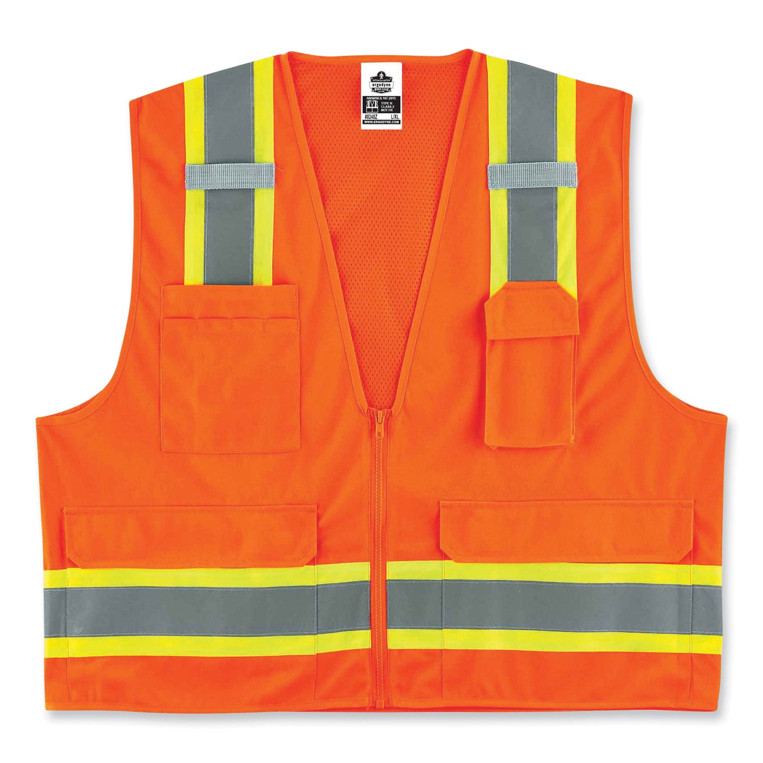 Ergodyne 8248Z Type R Class 2 Two-Tone Surveyors Vest, 4XL/5XL, Zipper Closure, Poly Mesh, Orange, Pocket, Mic Tab, Reflective, 1 Each