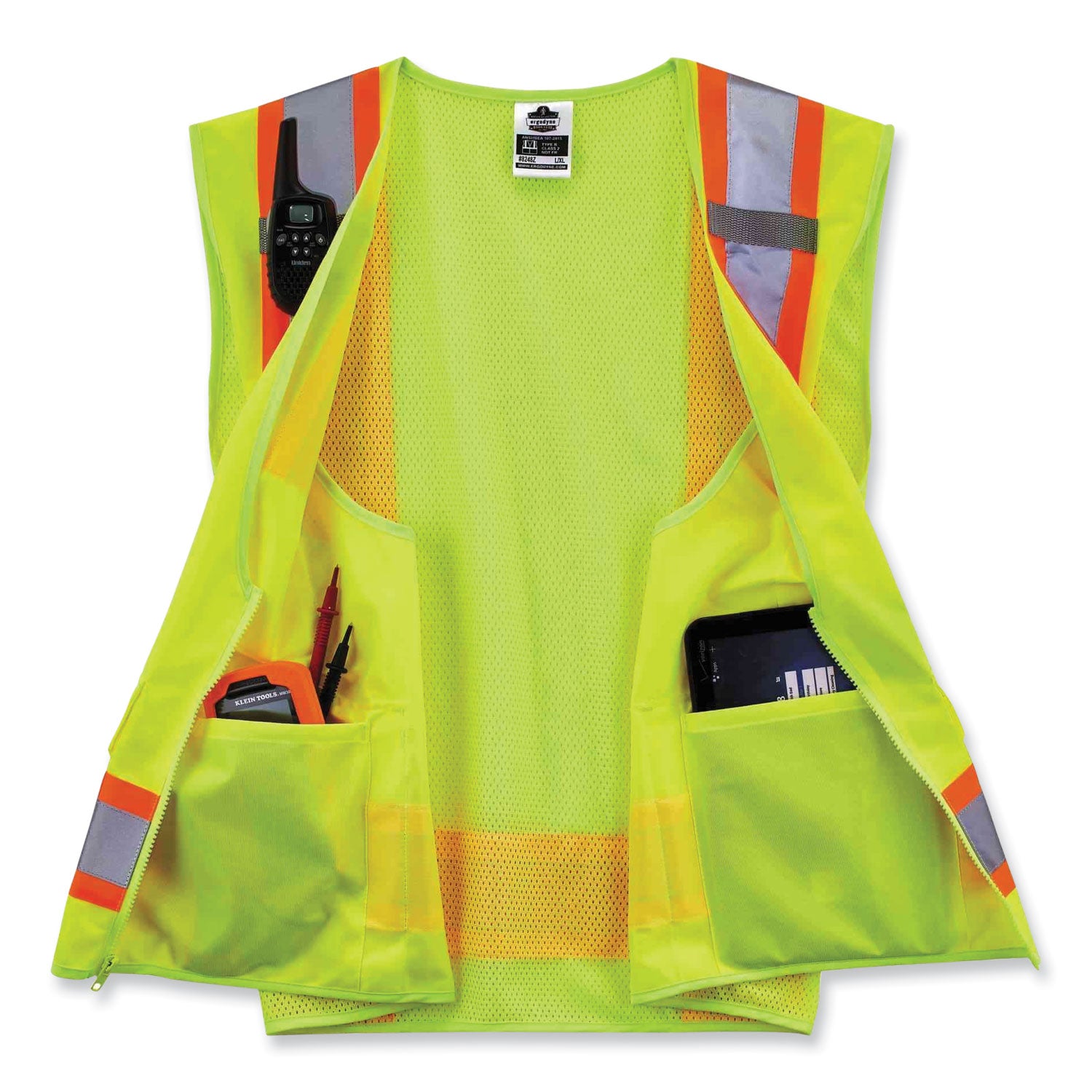 GloWear 8248Z Class 2 Two-Tone Surveyors Zipper Vest, Polyester, 4X-Large/5X-Large, Lime