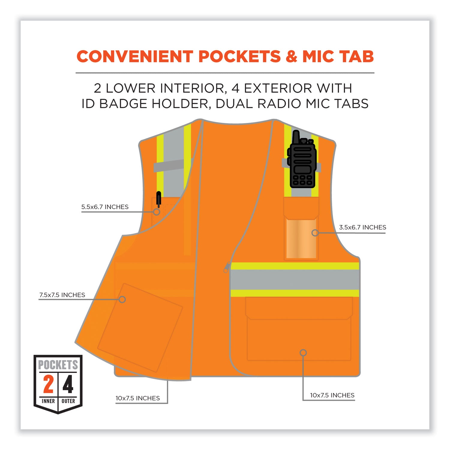 Ergodyne 8246Z Two-Tone Mesh Vest, Type R Class 2, Small/Medium, Zipper Closure, Orange, Machine Washable, Mic Tab, Reflective Strip, Breathable, Lightweight, Badge Holder, Reflective Piping, High Visibility, 1 Each