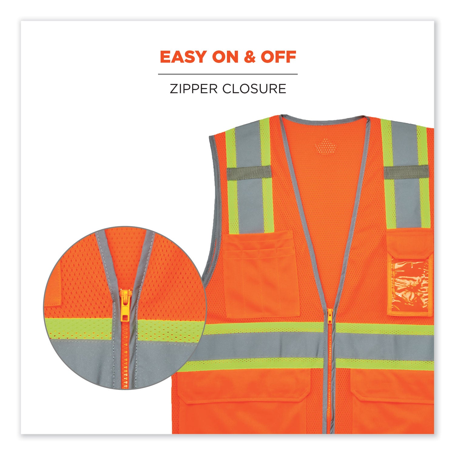 Ergodyne 8246Z Two-Tone Mesh Vest, Type R Class 2, Small/Medium, Zipper Closure, Orange, Machine Washable, Mic Tab, Reflective Strip, Breathable, Lightweight, Badge Holder, Reflective Piping, High Visibility, 1 Each